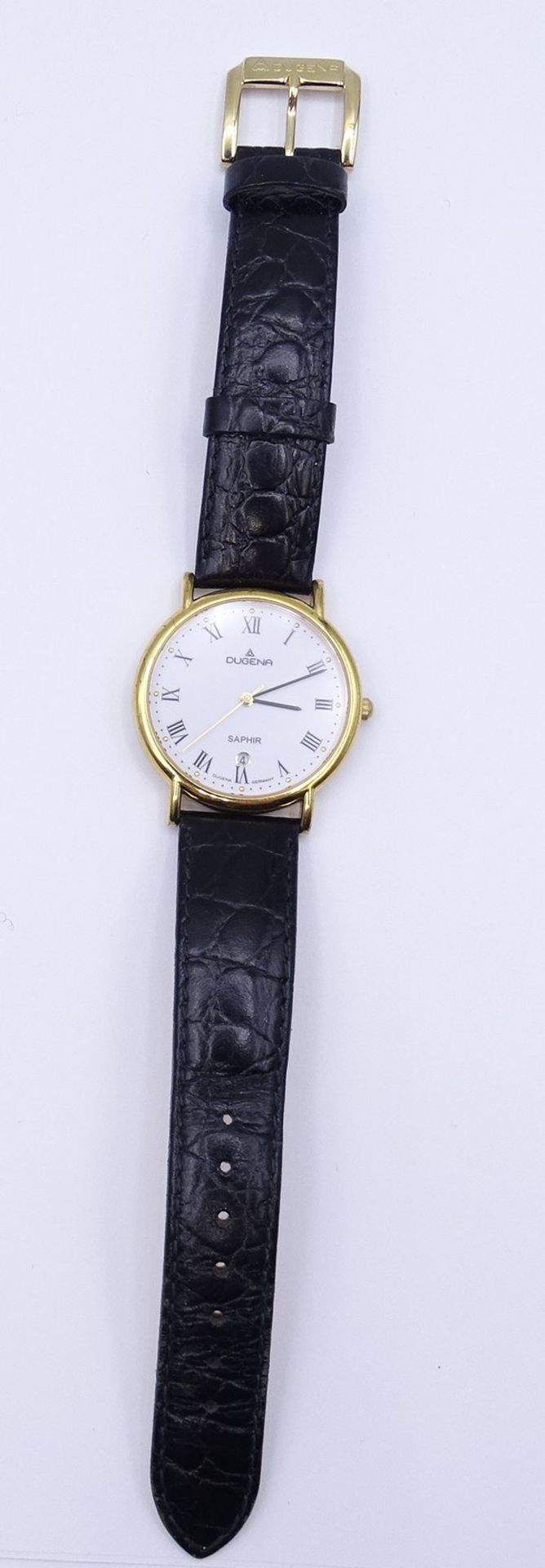Herren Armbanduhr DUGENA SAPHIR, Quartzwerk, D. 35mm, goldfarbenes Gehäuse, ungetragen, steht - Bild 7 aus 7