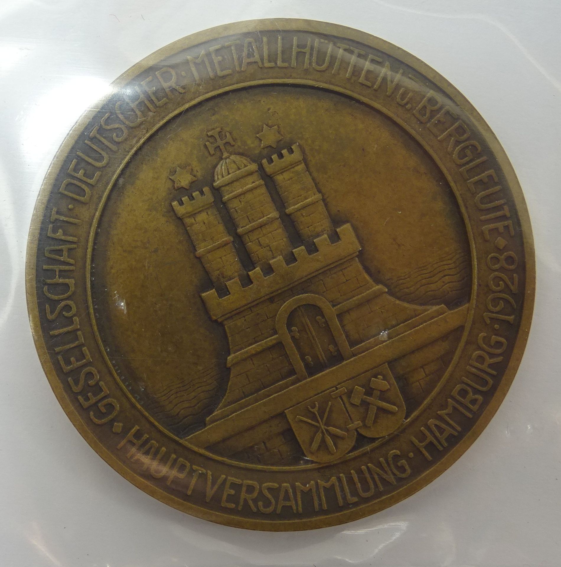 Bronzemedaille Hauptversammlung Gesellschaft Deutscher Metallhütten, Hamburg 1928, Entwurf v. Kühl,