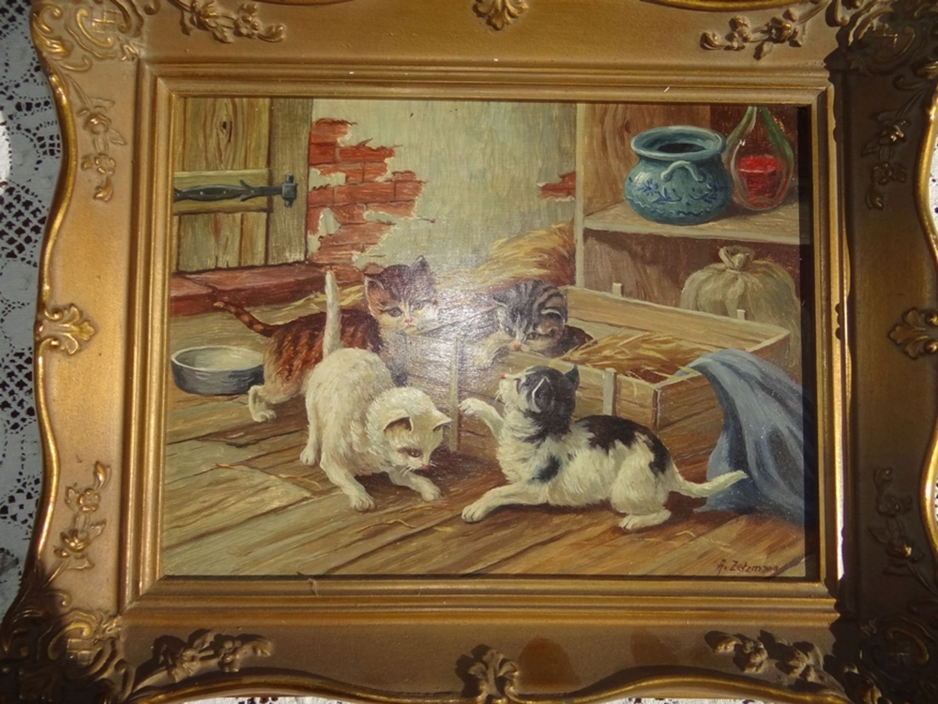 Arno ZETZMANN (1904-1974)  "spielende Katzen" Öl/Malfaser, gerahmt, RG 25x30 cm