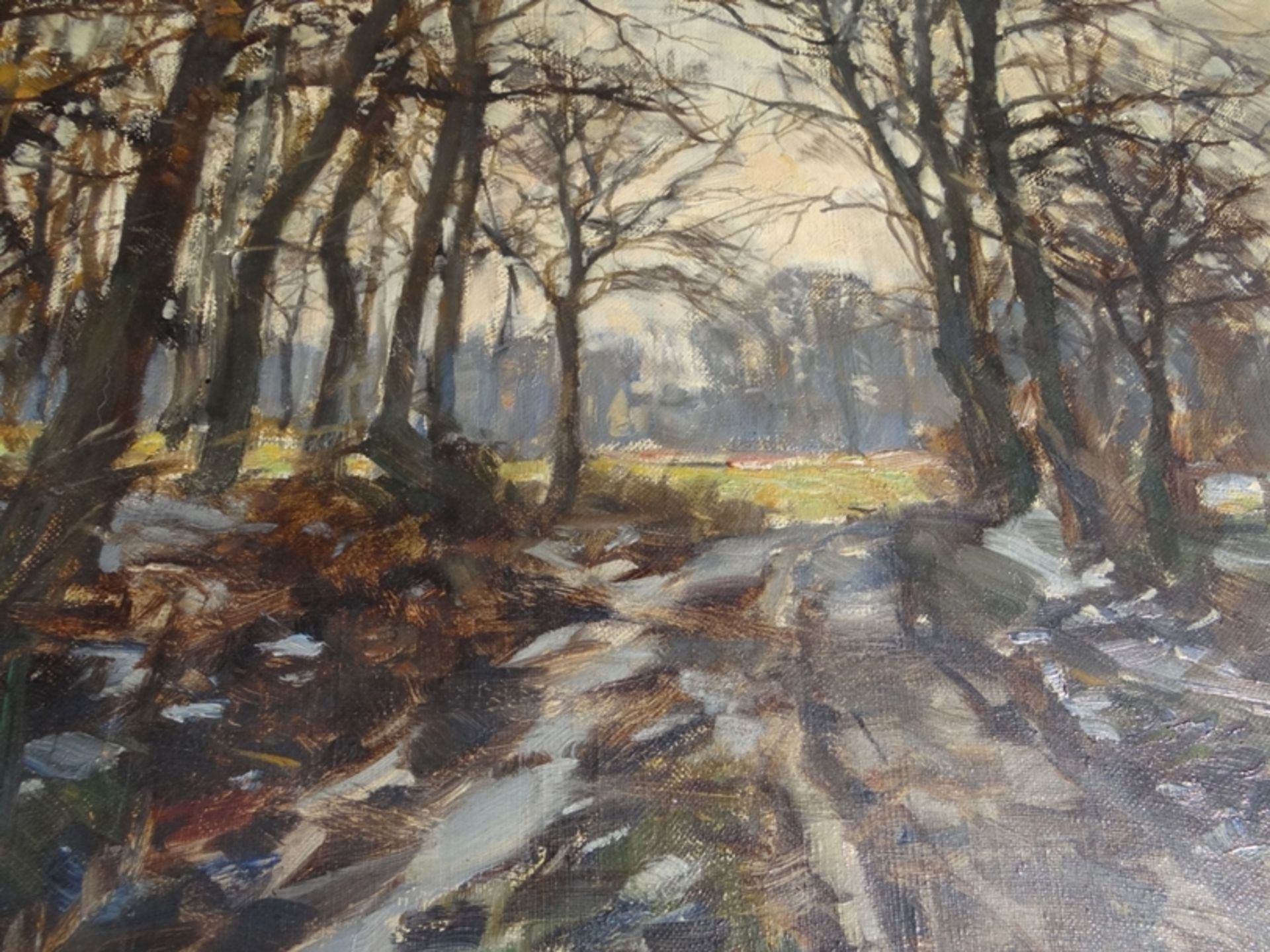 anonymer Waldweg im Winter, Öl/Leinen, gerahmt, RG 72x61 cm - Bild 5 aus 7