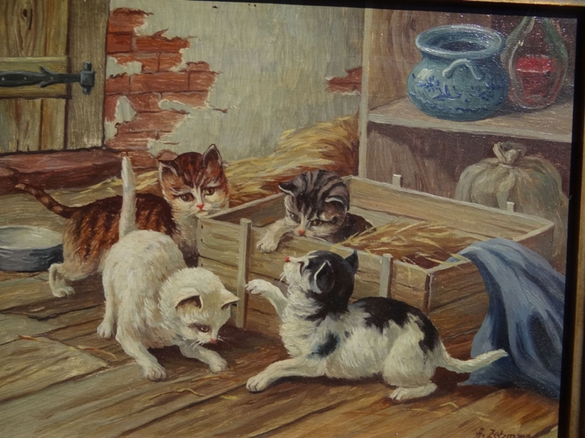 Arno ZETZMANN (1904-1974)  "spielende Katzen" Öl/Malfaser, gerahmt, RG 25x30 cm - Bild 2 aus 6