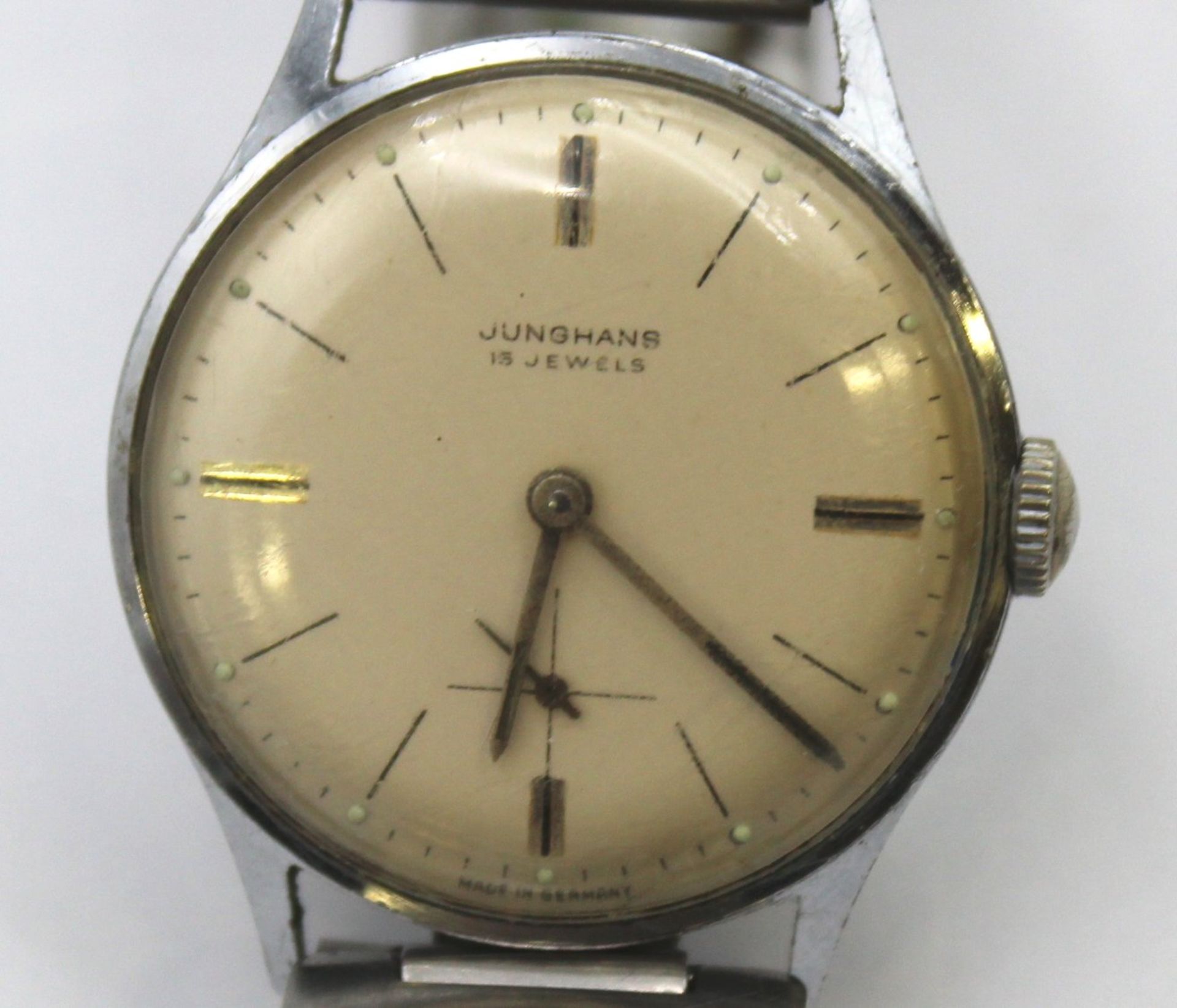 Armbanduhr, Junghans, älter, Handaufzug, Werk läuft, D-, getragene Erhaltung, D-3cm.