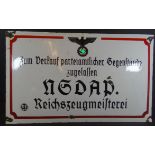 grosses Emailleschild "NSDAP" Reichszeugmeisterei, selten, an den Rändern beschlagen, 40x65 cm