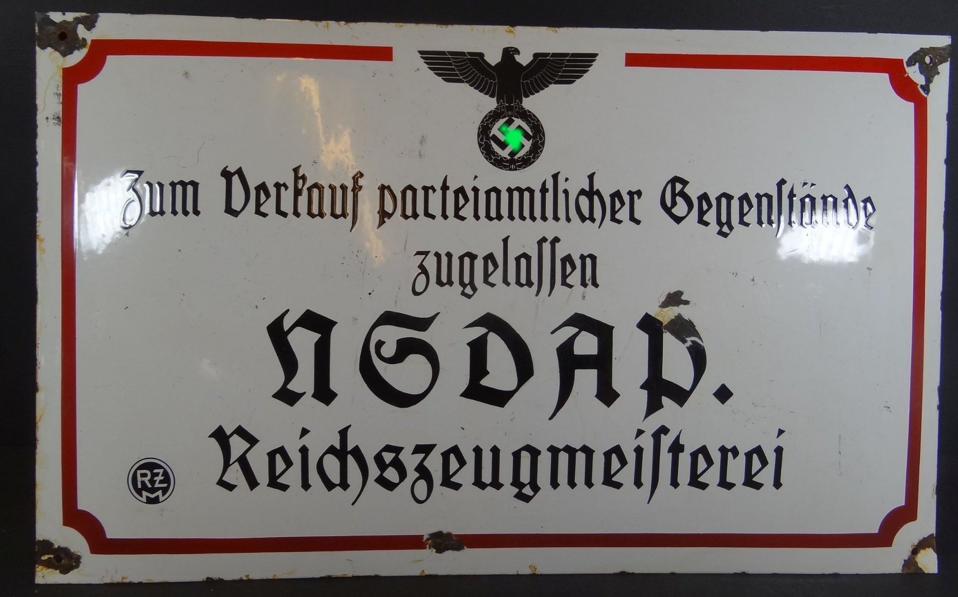 grosses Emailleschild "NSDAP" Reichszeugmeisterei, selten, an den Rändern beschlagen, 40x65 cm