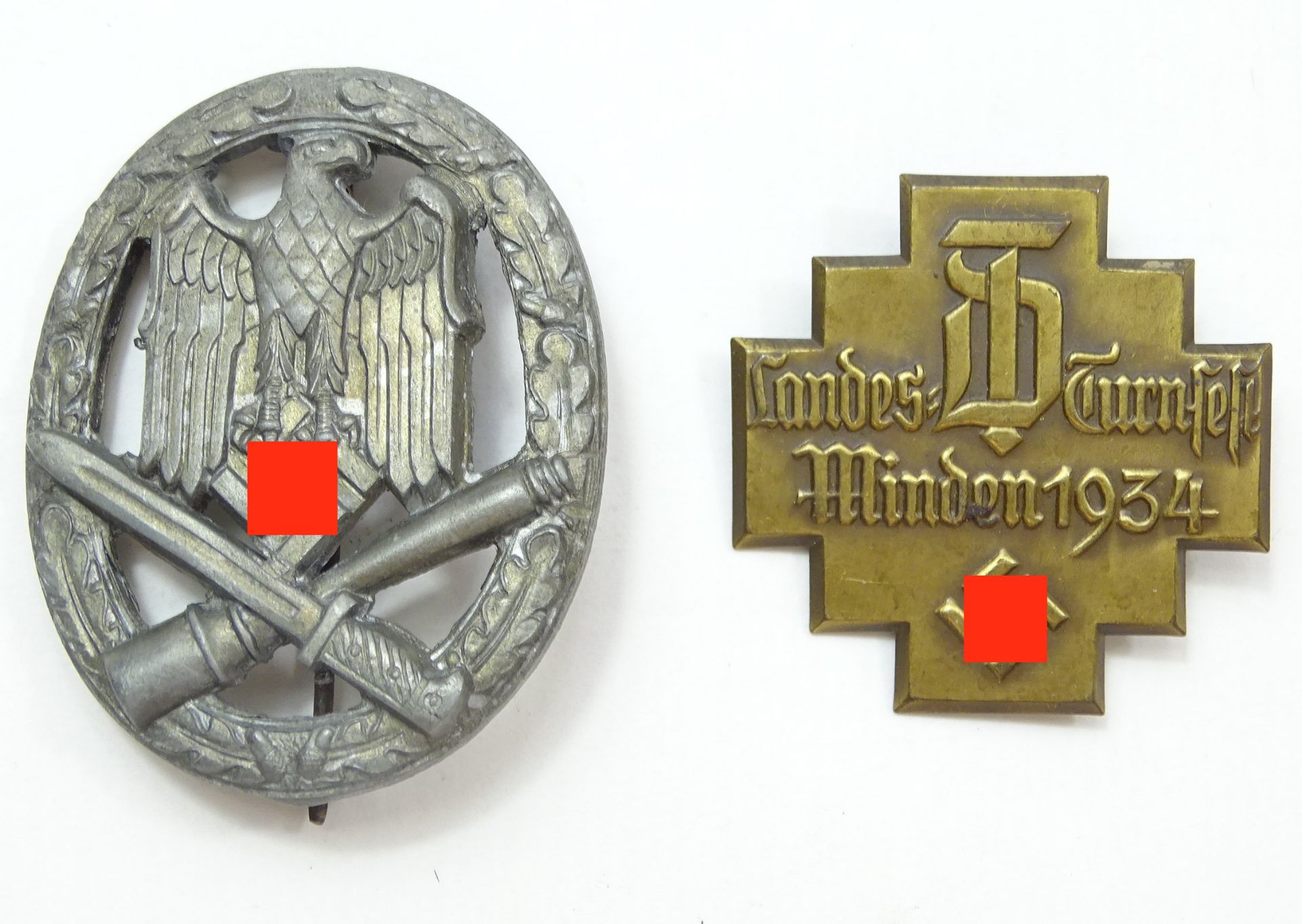 2 Anstecker, Sturmabzeichen und "Landesturnfest Minden 1934", dieses mit Hersteller auf der Rücksei