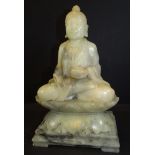 grosse feine Speckstein-Schnitzerei, Buddha auf Lotusthron mit Sockel, H-21 cm, B-15 cm, T-9,5 cm