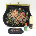 Vintage-Abendtasche mit Gobelinstickerei, anbei passender Zerstäuber und Geldtasche, Tasche: ca. 20