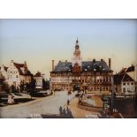 Ansicht Rathaus Emden, gebogene Form, Perlmutteinlagen, um 1900, RG 30,5 x 25,5cm.