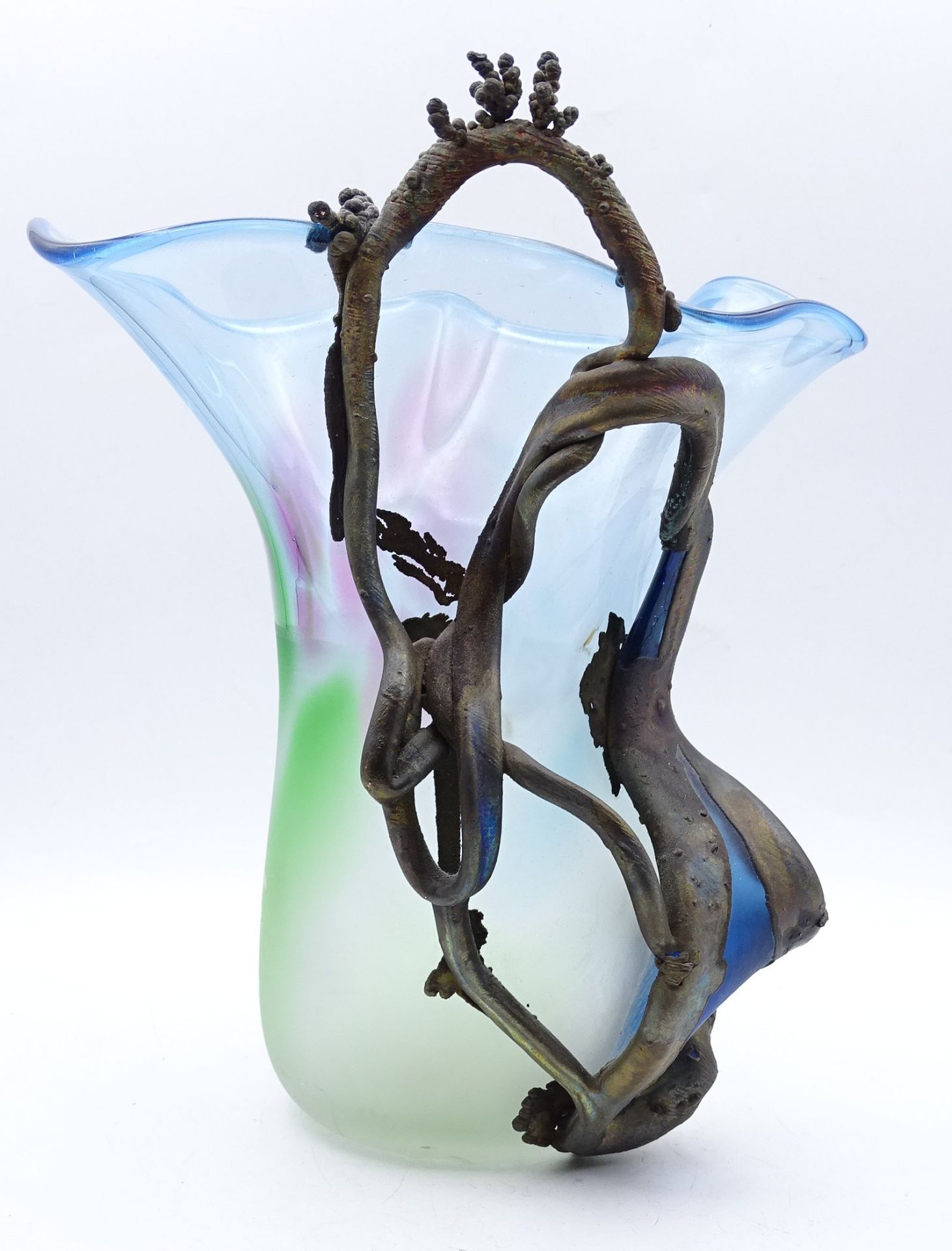 Kunstglas Vase, Frankreich? mit goldfarbenes Overlay, Bronze? unsigniert, H. 22cm