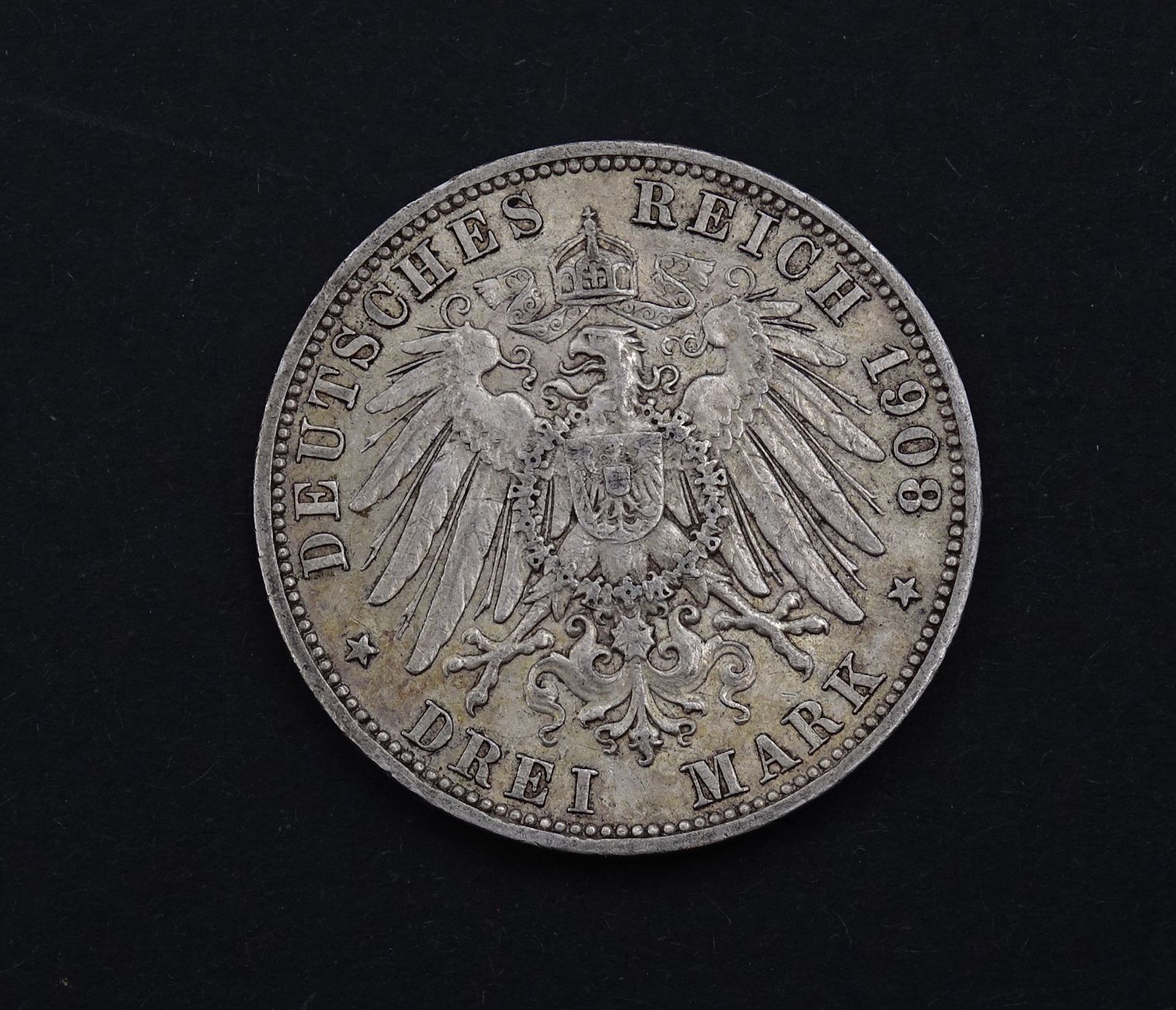 Drei Mark 1908 Wilhelm II König von Württemberg F, 16,56g.,D. 33,0mm - Bild 2 aus 2