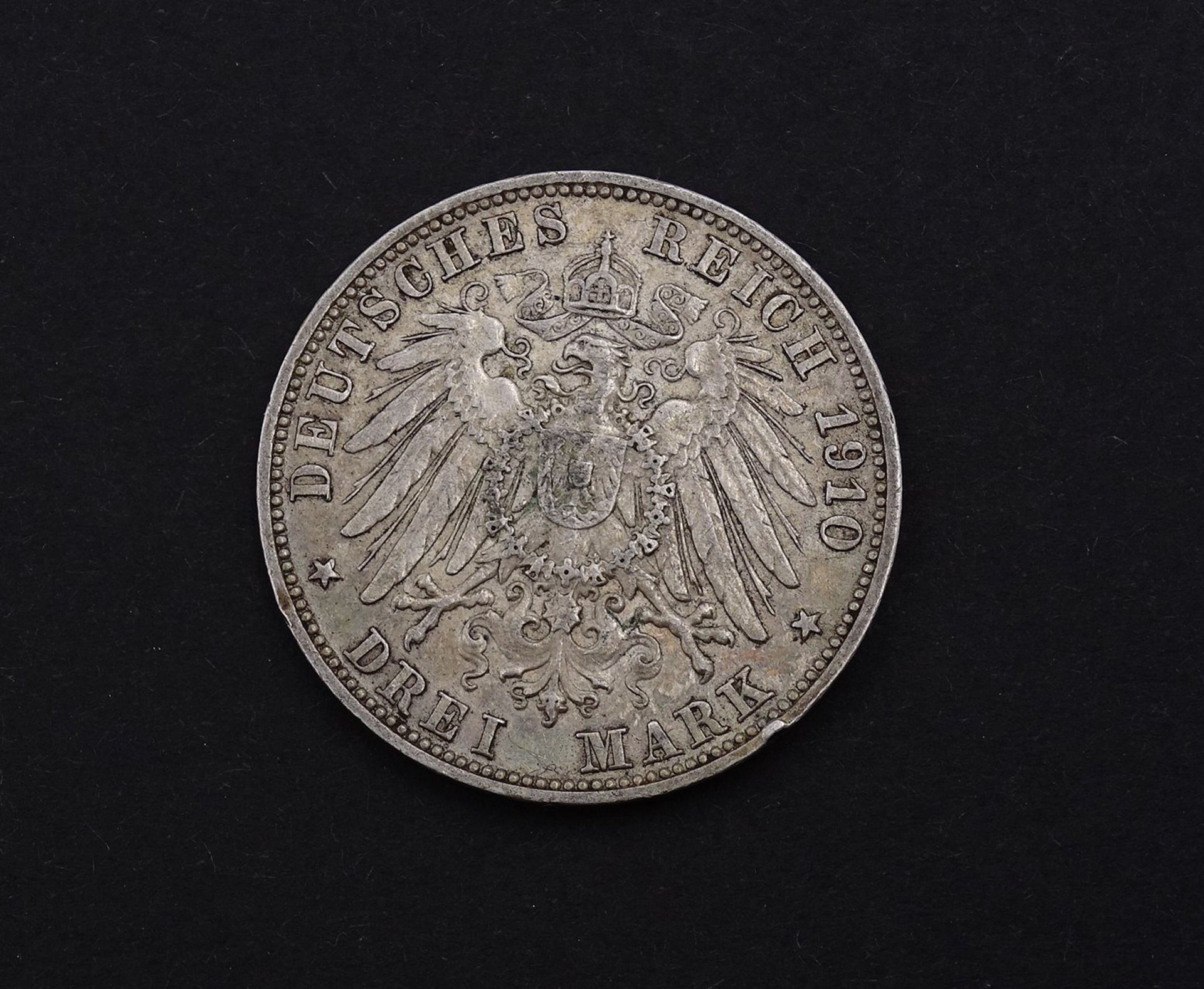 Drei Mark 1910 Wilhelm II König von Württemberg F, 16,54g.,D. 33,0mm - Bild 2 aus 2
