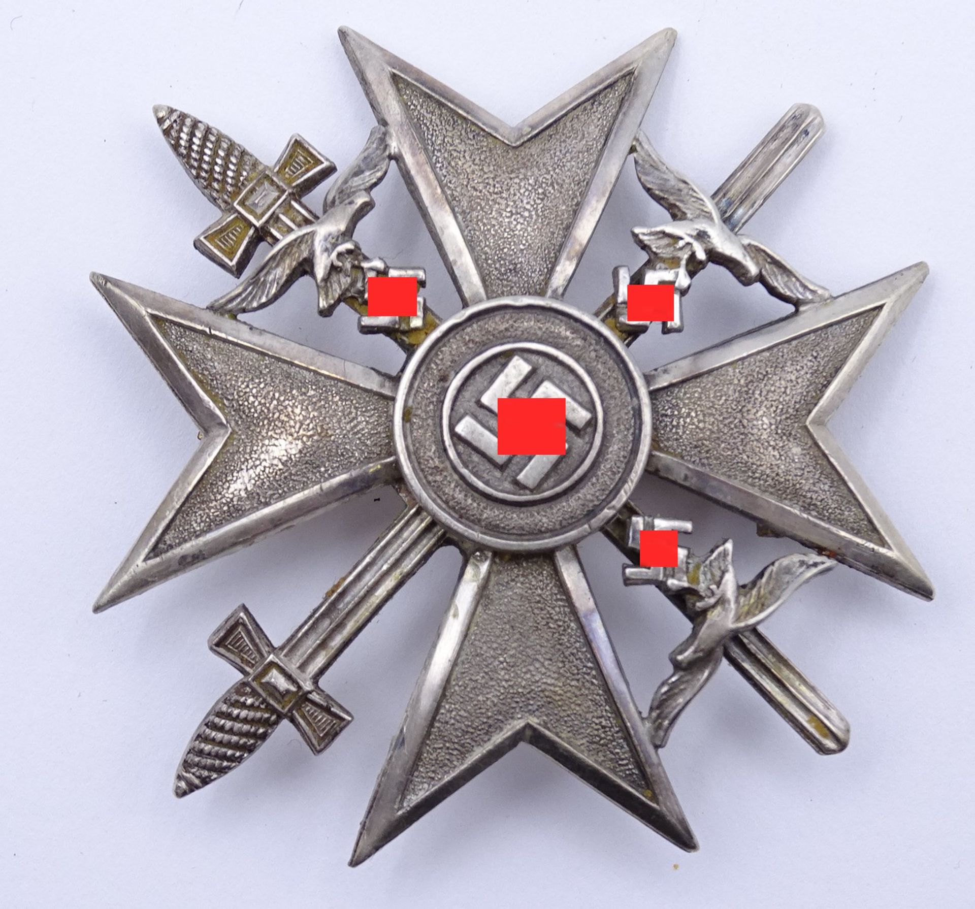 Spanienkreuz in Silber mit Schwertern, ein Adler fehlt, Original? Silber (gepr.)