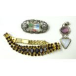 3 Schmuckteile, Silber mit Mondstein und Amethyst, 935er-Silber mit Rheinkiesel und Markasiten, Met