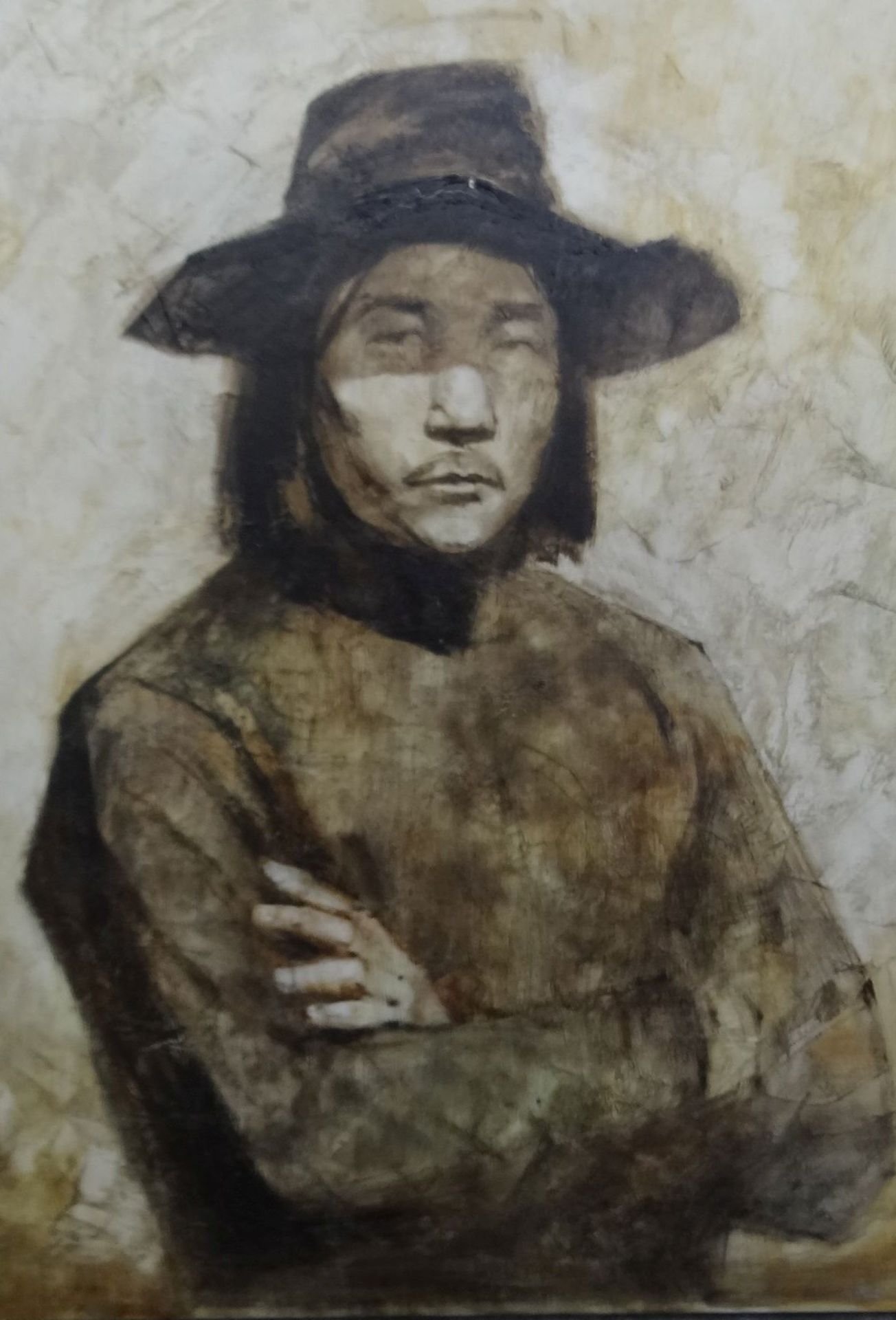 chines. signiertes Portrait eines jungen Mannes mit Hut, Öl/Leinen, 80x70 cm - Bild 3 aus 5