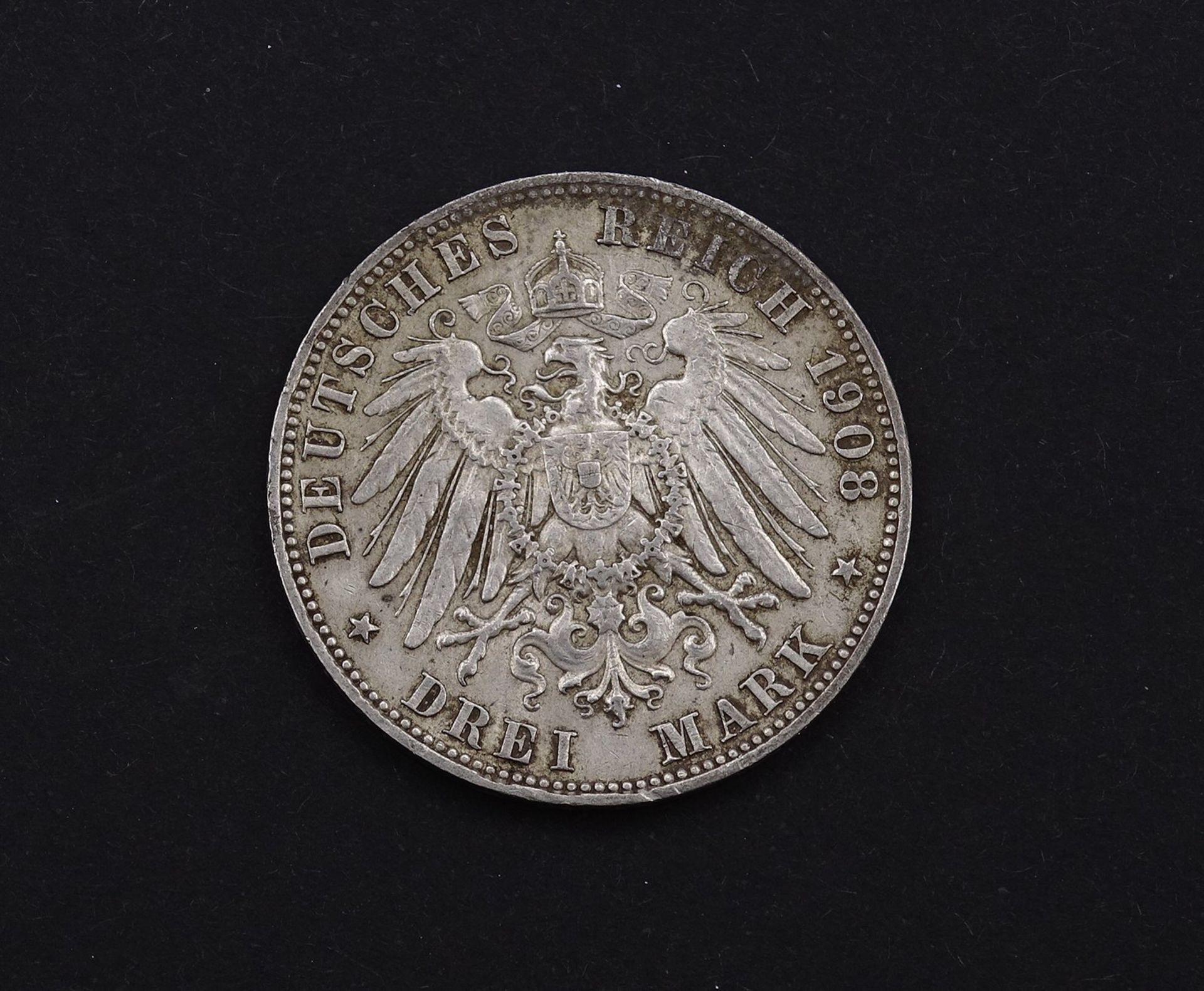 Drei Mark 1908 Friedrich August König von Sachsen E, 16,57g., D. 32,8mm - Bild 2 aus 2