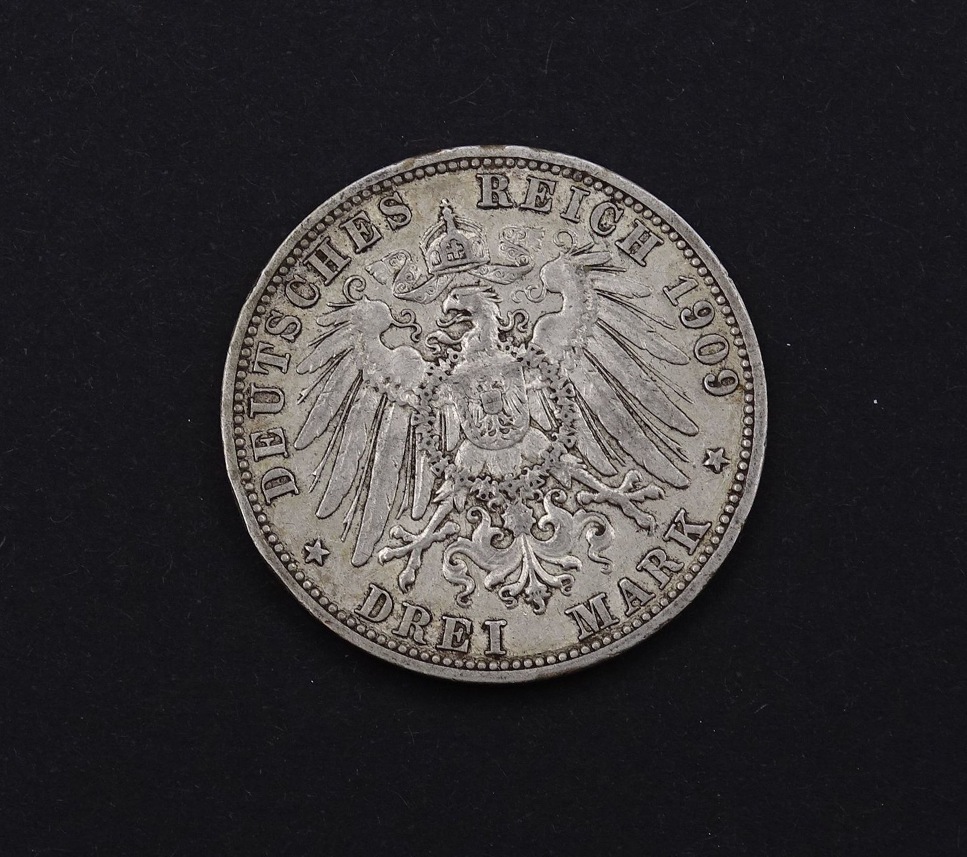 Drei Mark 1909 Friedrich II Grossherzog von Baden G, 16,58g.,D. 33,0mm - Bild 2 aus 2