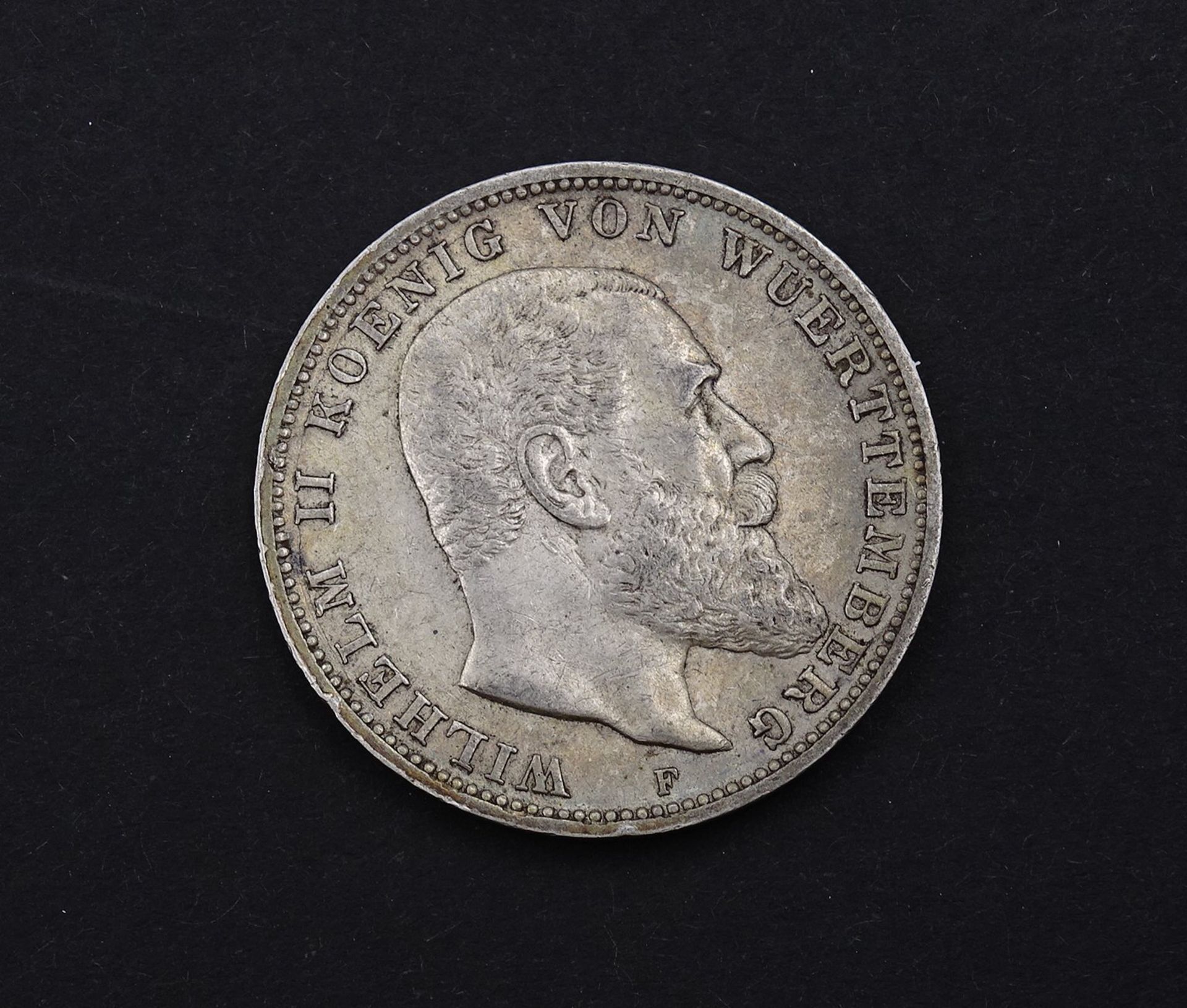 Drei Mark 1910 Wilhelm II König von Württemberg F, 16,54g.,D. 33,0mm