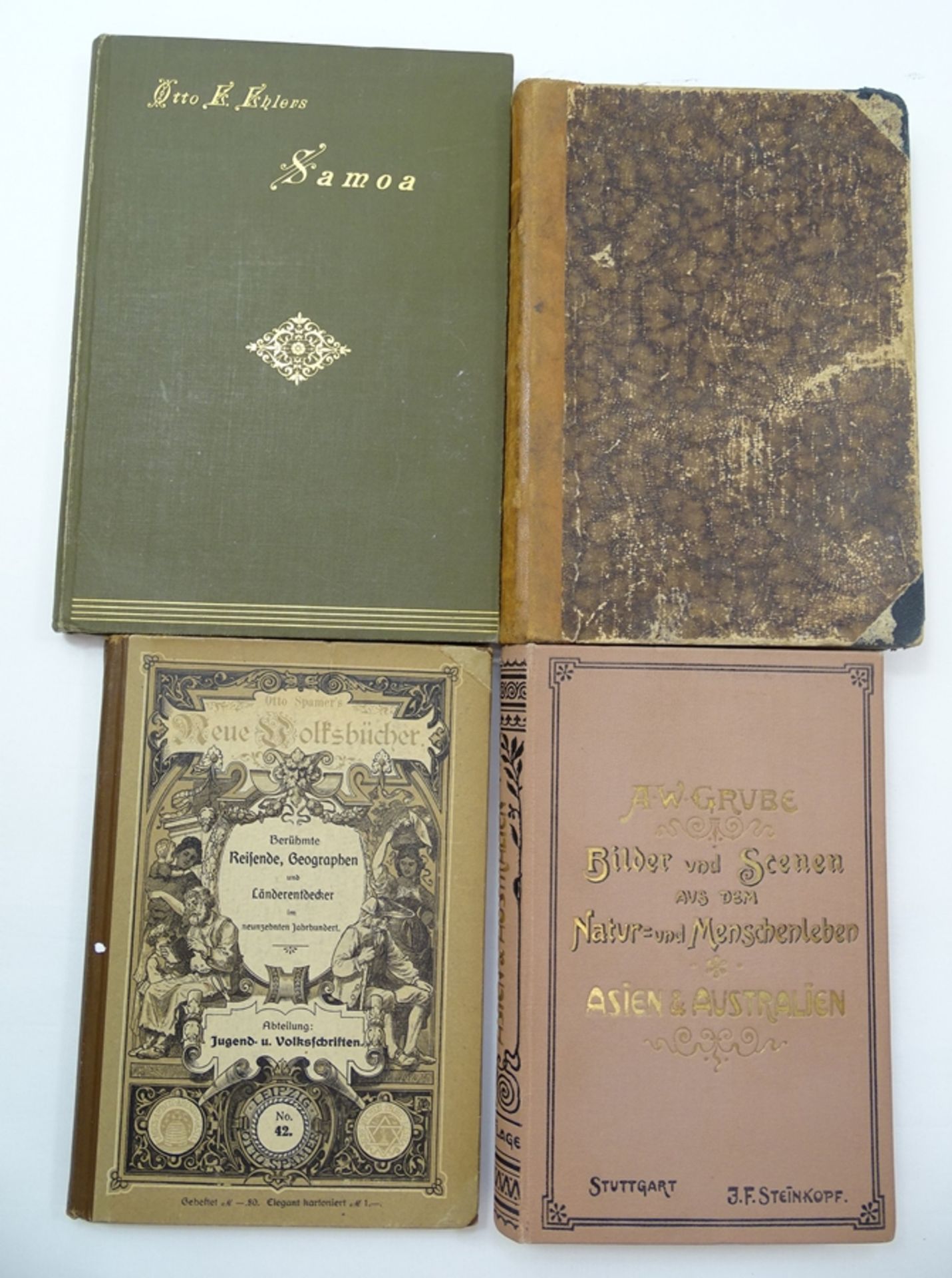 4 Bände Reiseliteratur, erschienen zwischen 1890-1901, Einbände mit Altersspuren, 1x Seite zur Hälf