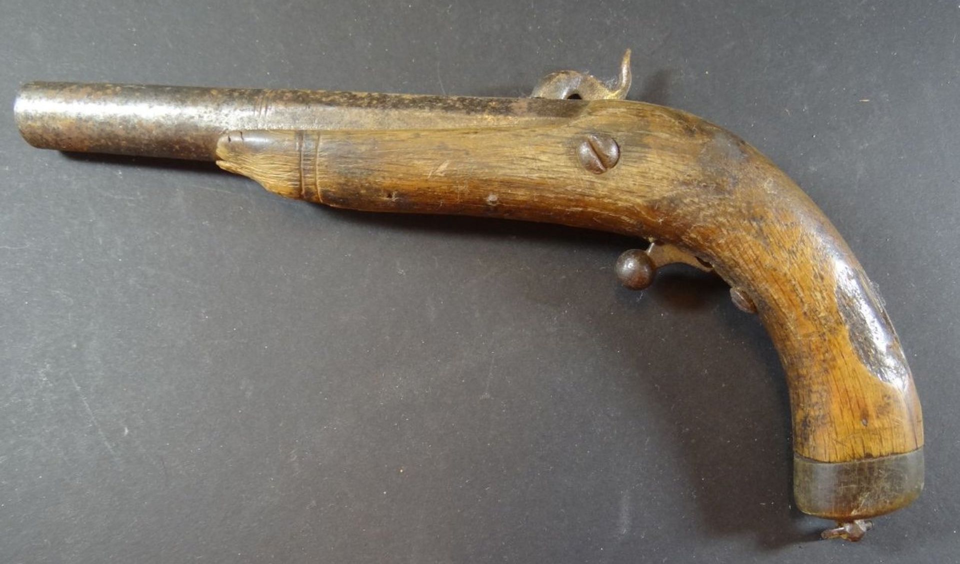 kl. Steinschloss Pistole,  Holz beschädigt, Altersspuren, L-26 cm - Bild 3 aus 5