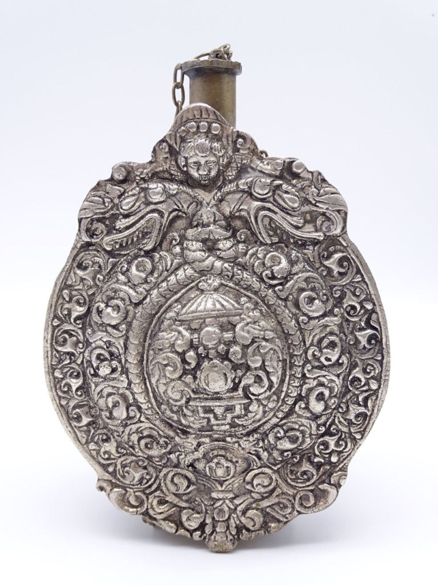 Antike Wasserflasche, Metall, leicht versilbert, H. 16,5, B. ca. 7 cm, mit Altersspuren - Bild 3 aus 7