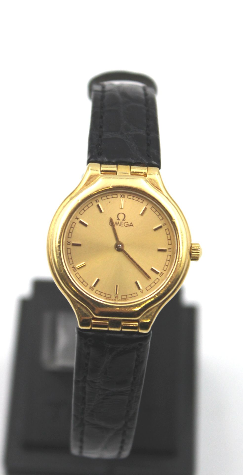 Damen-Armbanduhr, Omega, Gold -750-, Quarz, Lederband, D-2cm.