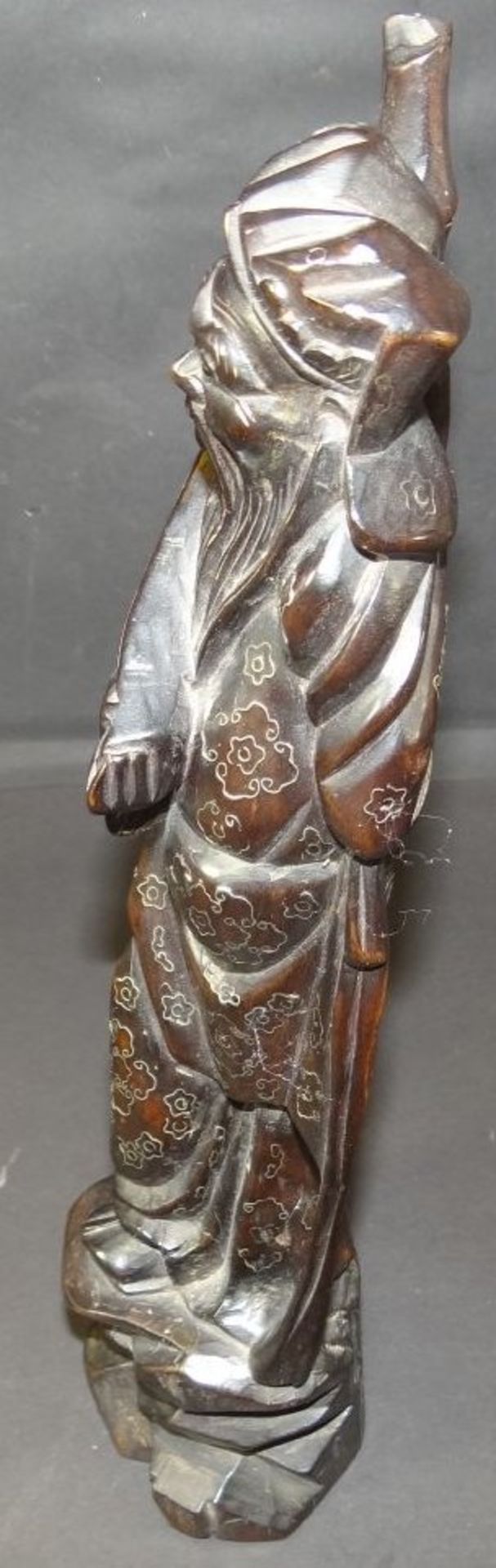 Holzschnitzerei, chinesischer Gelehrter, mit Silber?-Einlagen, H-32 cm - Bild 5 aus 8