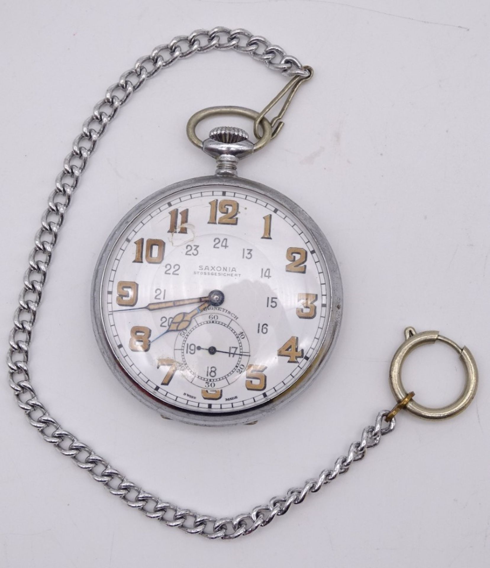 Taschenuhr, "Saxonia", Handaufzug, mit Uhrenkette, Gehäuse Ø 5,5 cm, Werk läuft, mit Alters- und Ge