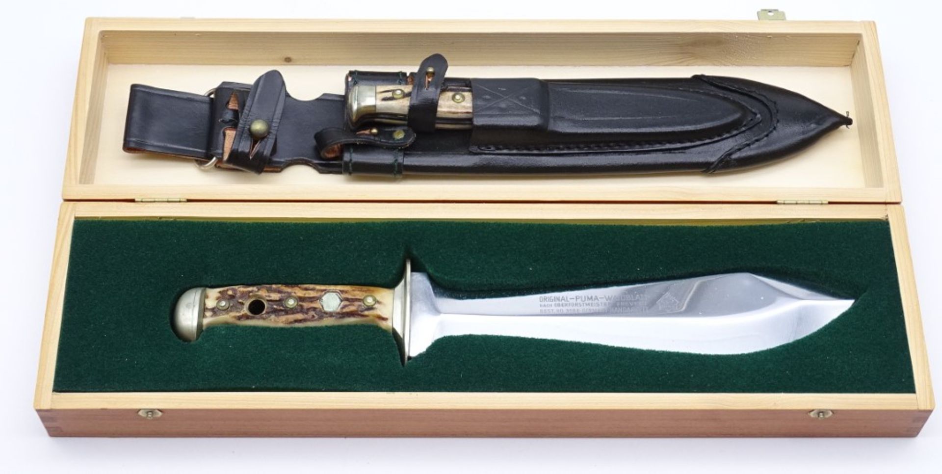 PUMA Waidbesteck Waidblatt Messer in Holzkasten, No. 3588, L. 33,0cm, mit Scheide u. kl. Messer