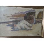 OHE-Otto Heinrich ENGEL (1866-1949), Ölskizze, schlafender Hund, verso mit Widmung des Künstlers 19
