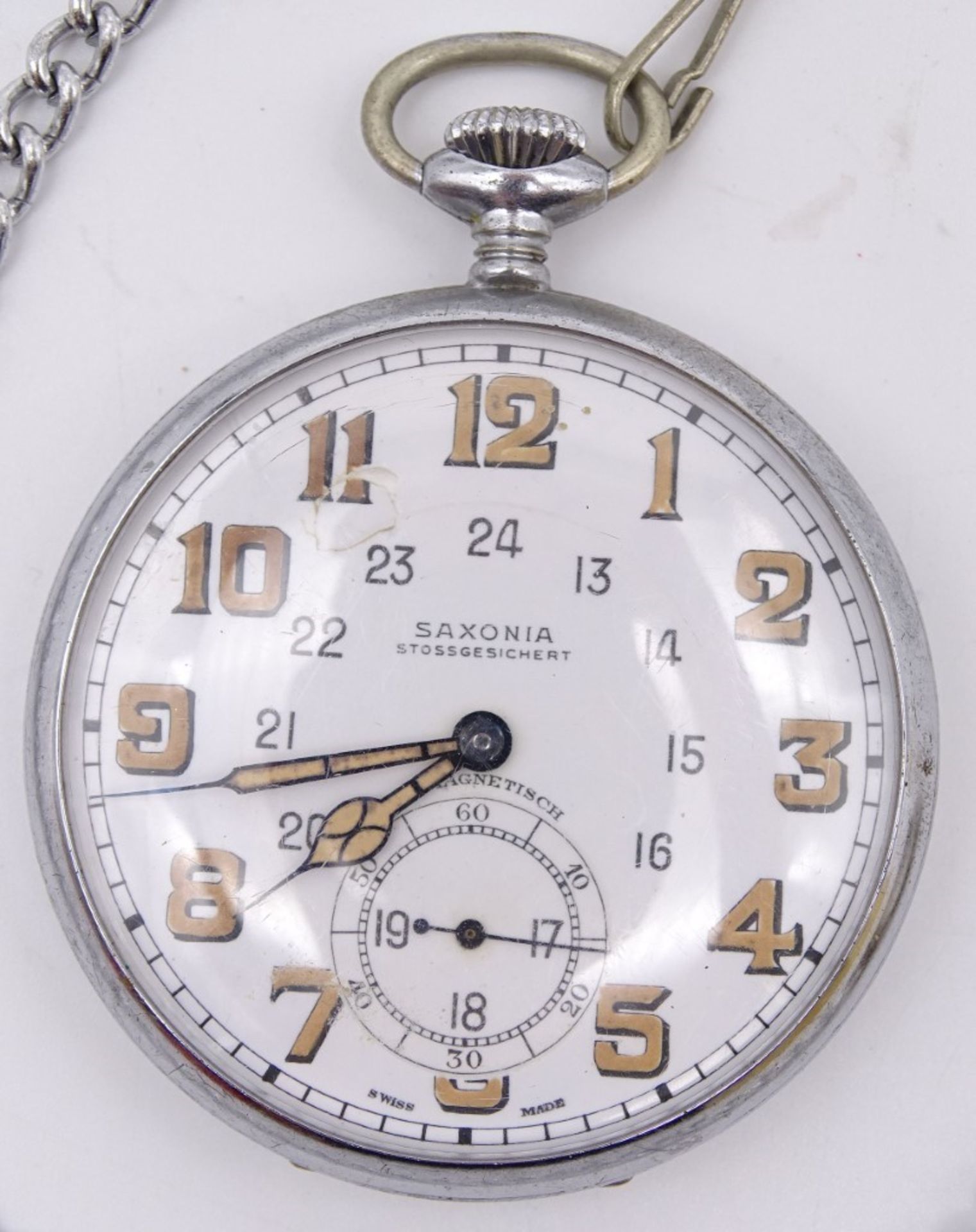 Taschenuhr, "Saxonia", Handaufzug, mit Uhrenkette, Gehäuse Ø 5,5 cm, Werk läuft, mit Alters- und Ge - Bild 2 aus 7