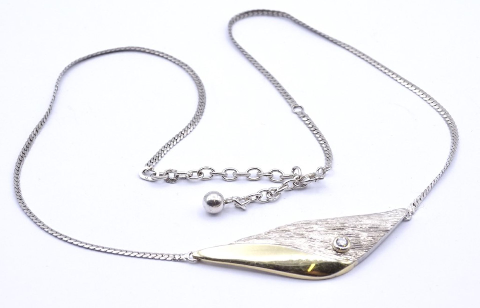 Halskette mit klaren Stein, Sterling Silber 0.925, tw. vergoldet, L. 42 - 48,5cm, 10g.
