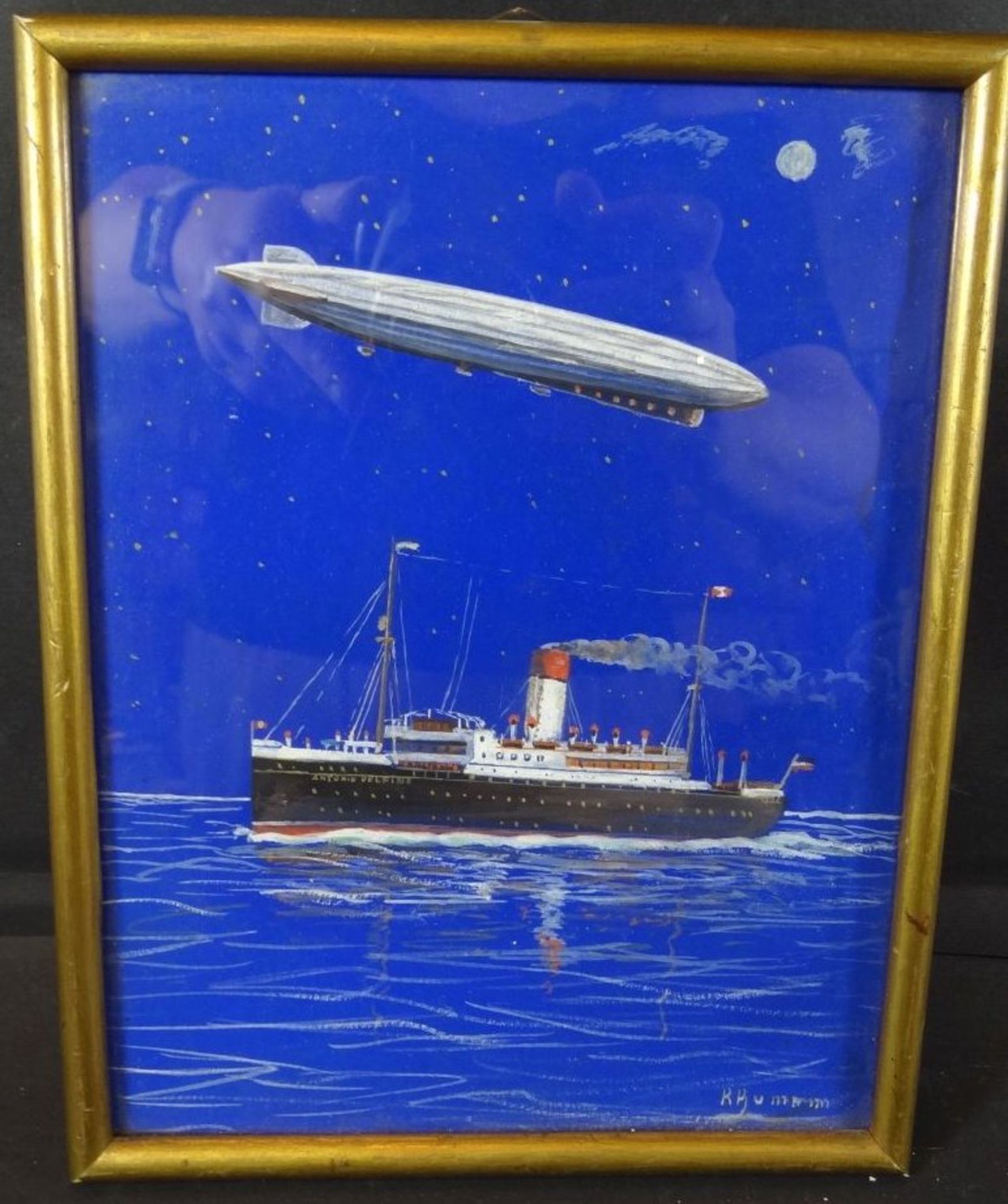 R. Rumann "Kombischiff Antonio Delfino" Reederei Hamburg-Süd unter Zeppelin, Aquarell, ger/Glas, RG