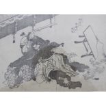 2x antike Holzschnitte, Japan, wohl HOKUSAI (1760-1849), je gerahmt/Glas, ca. RG 32,5 x 42,5cm.