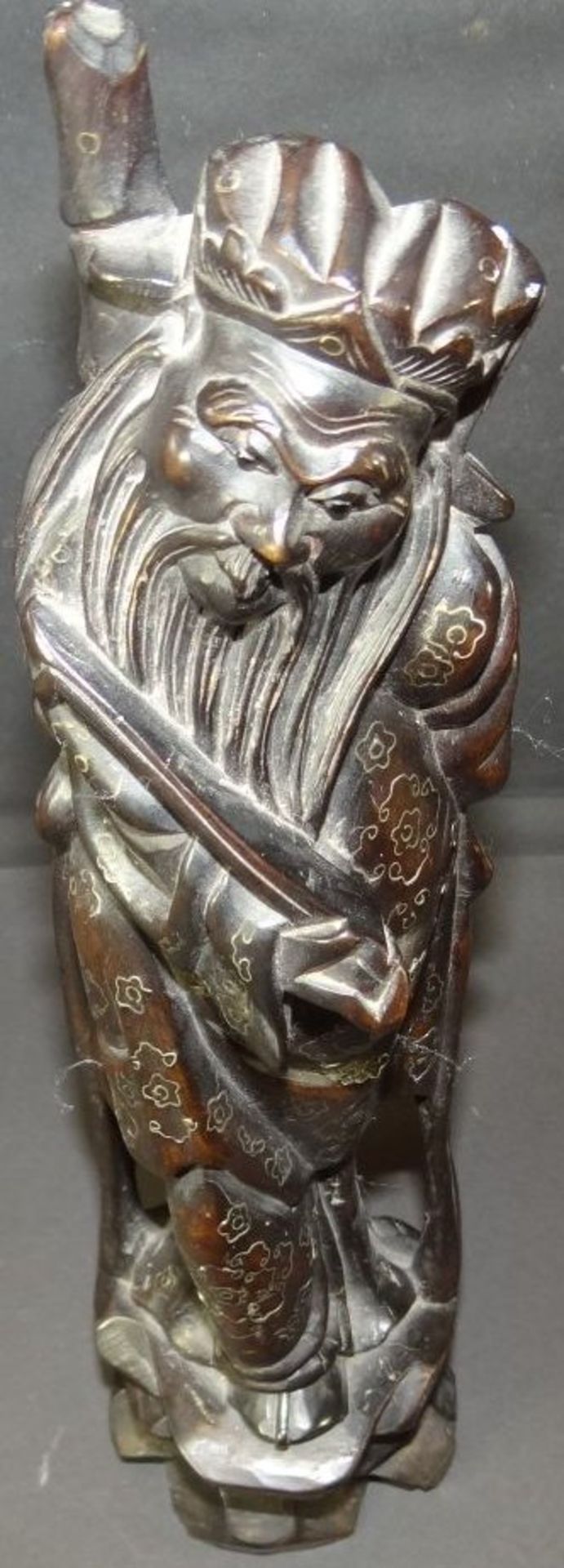 Holzschnitzerei, chinesischer Gelehrter, mit Silber?-Einlagen, H-32 cm - Bild 2 aus 8