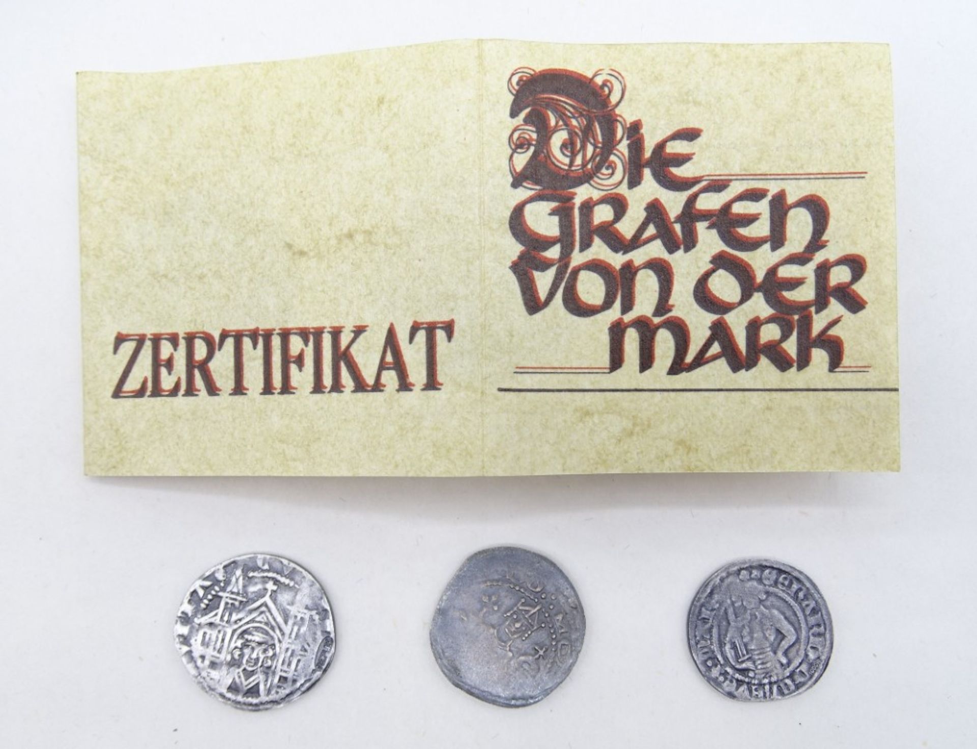3 Repliken antiker Münzen "Die Grafen von der Mark", Feinsilber, in Schatulle mit Zertifikat, Münze - Bild 4 aus 4