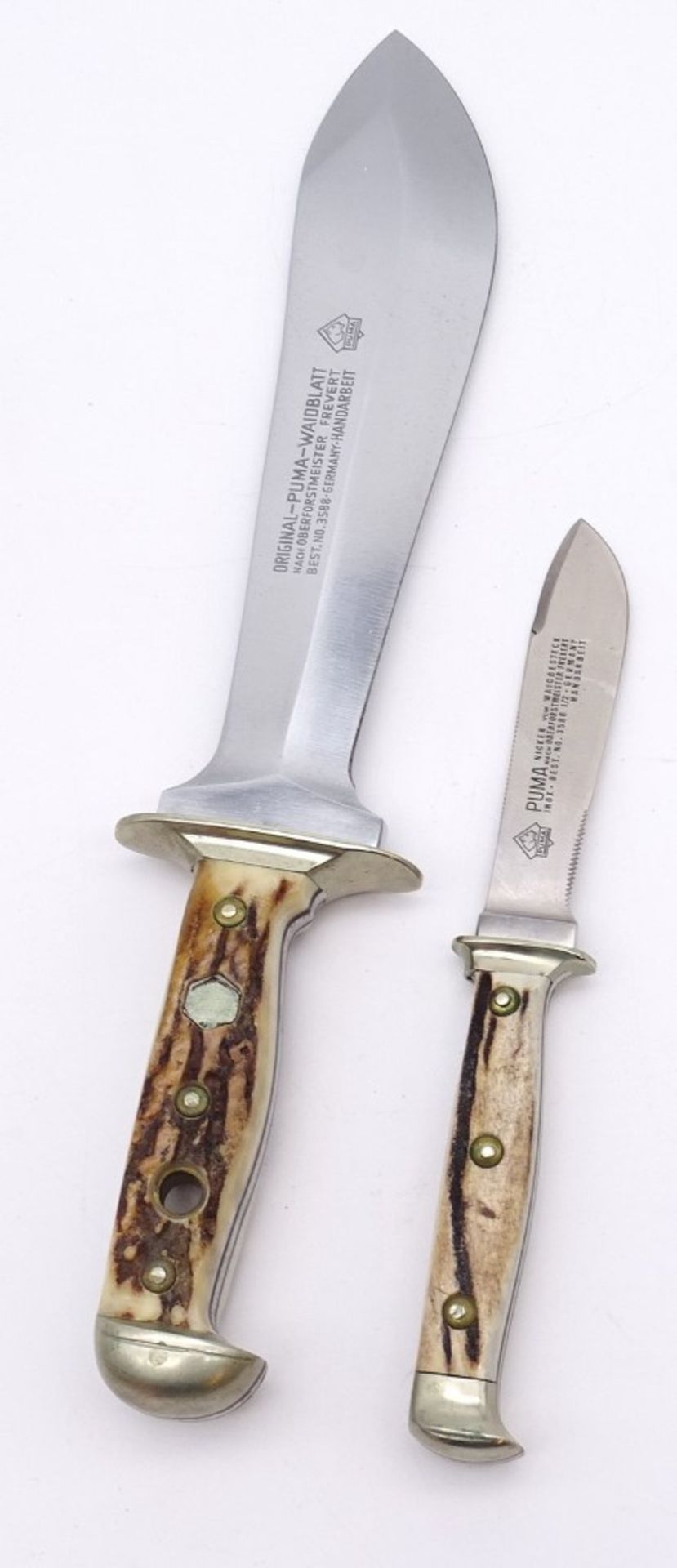 PUMA Waidbesteck Waidblatt Messer in Holzkasten, No. 3588, L. 33,0cm, mit Scheide u. kl. Messer - Bild 5 aus 6