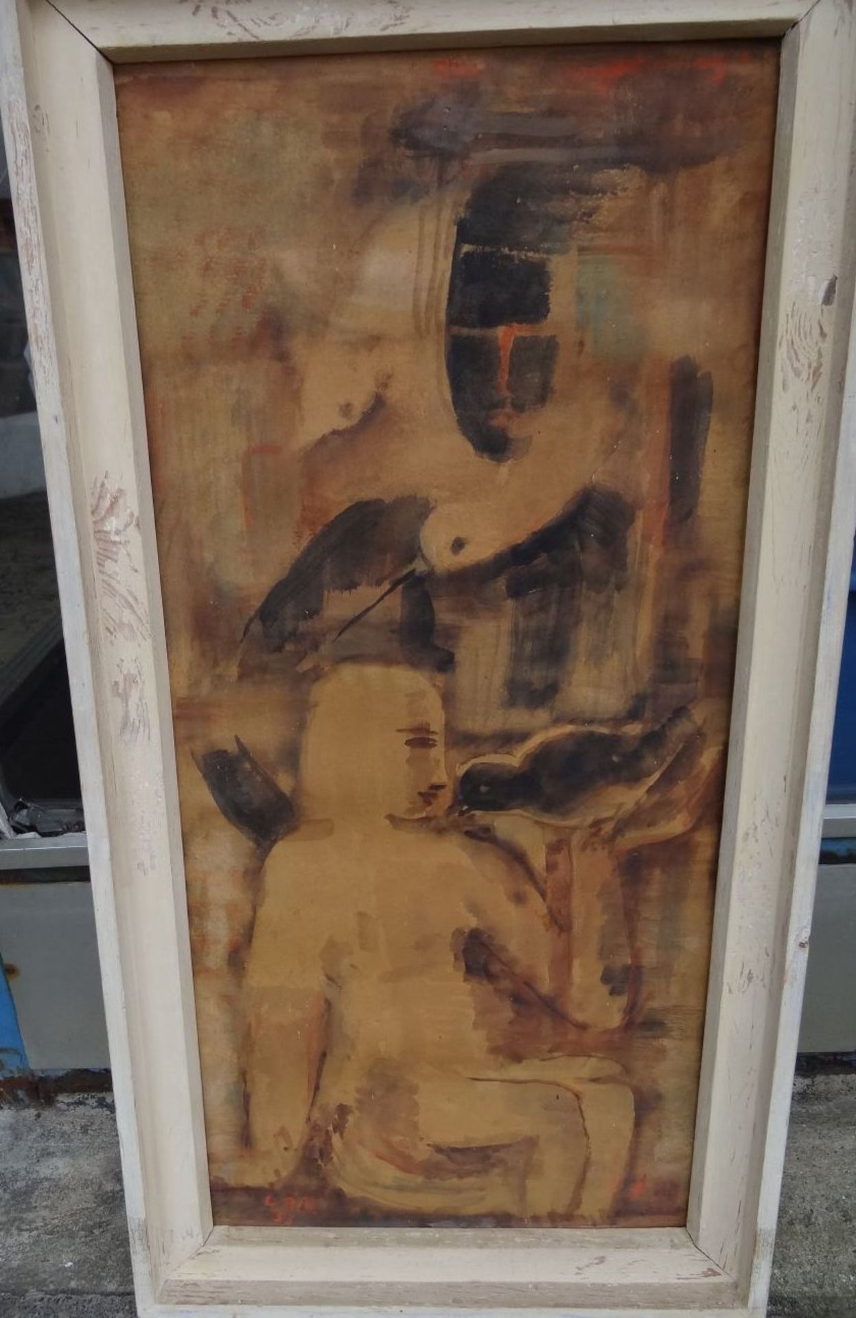 LBD Monogramm , (19)53 "Frau mit Taube" Öl/Leinen, alt gerahmt, RG 98x50 cm - Bild 2 aus 4