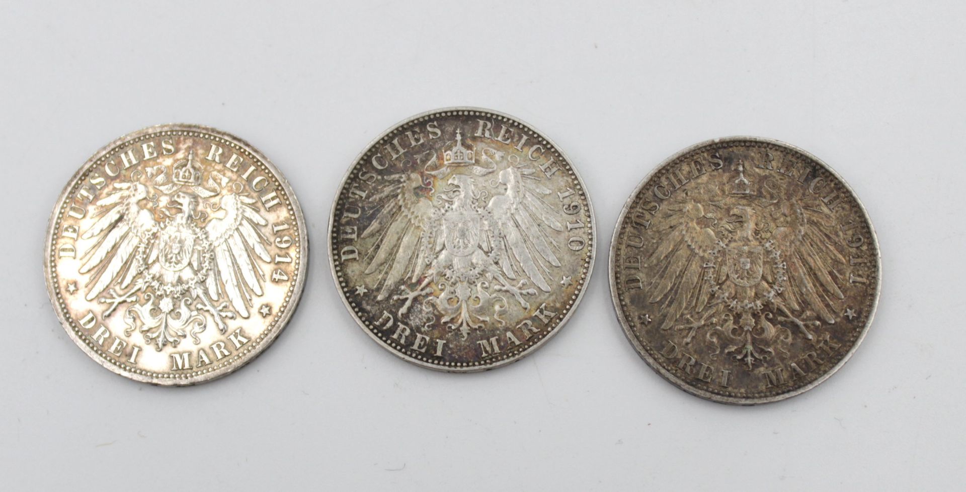 3x Drei Mark, Deutsches Reich, 1910, 1911 und 1914, zus. 49,8gr., D-3cm. - Bild 2 aus 2