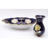 2x Kobalt-Ovale Kobaltschale von Pirkenhammer und kleine Vase mit floralem Dekor, Schale: 31,5 x 18