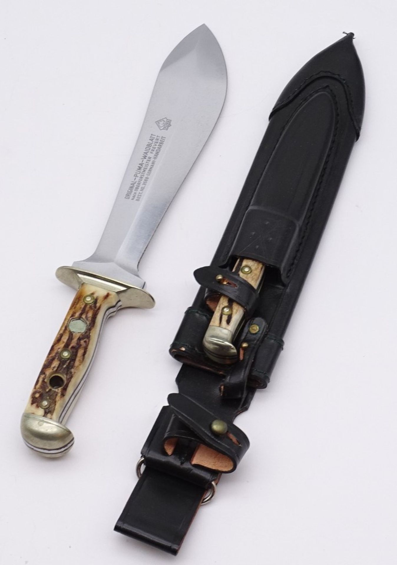 PUMA Waidbesteck Waidblatt Messer in Holzkasten, No. 3588, L. 33,0cm, mit Scheide u. kl. Messer - Bild 3 aus 6