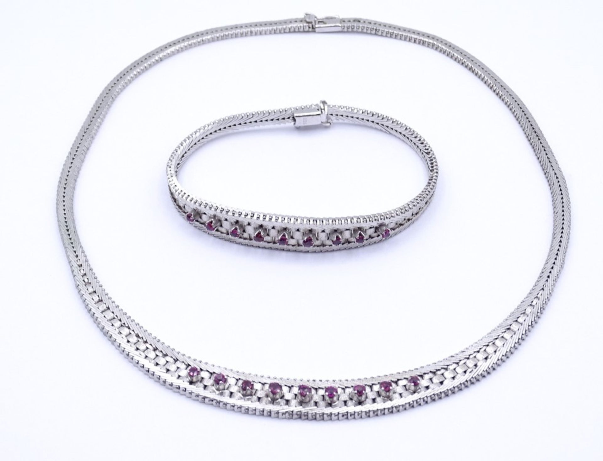 Schmuckset mit Rubinen, Silber 0.925, Halskette und Armband, zus.53,5g.