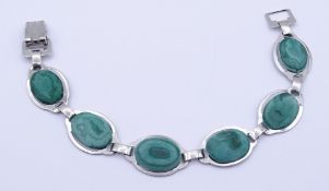 835er Silber Armband mit Malachit Cabochons, L. 19cm, 20,3g.
