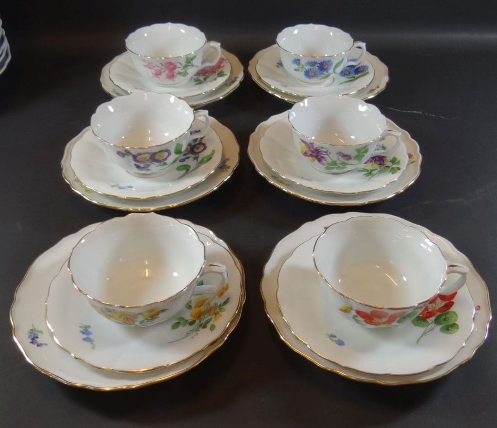 6x kompl Kaffeegedecke"Meissen" Feldblumen, Punktzeit, 2.Wahl, 18 Teile