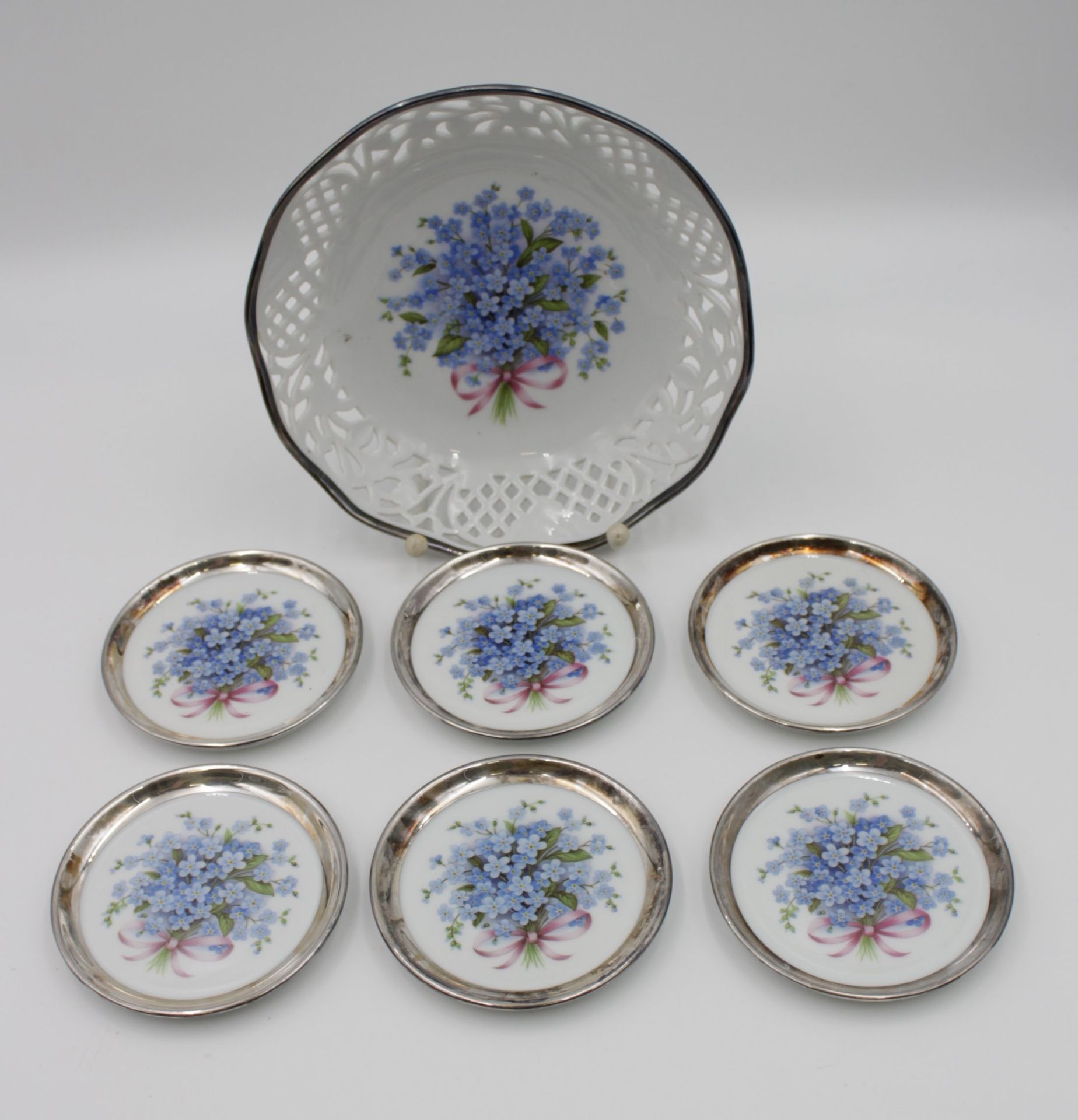 Schalenset, Fürstenberg, Feinsilberrand, florales Dekor, 7tlg., gr. Schale H-5cm D-18,5cm.