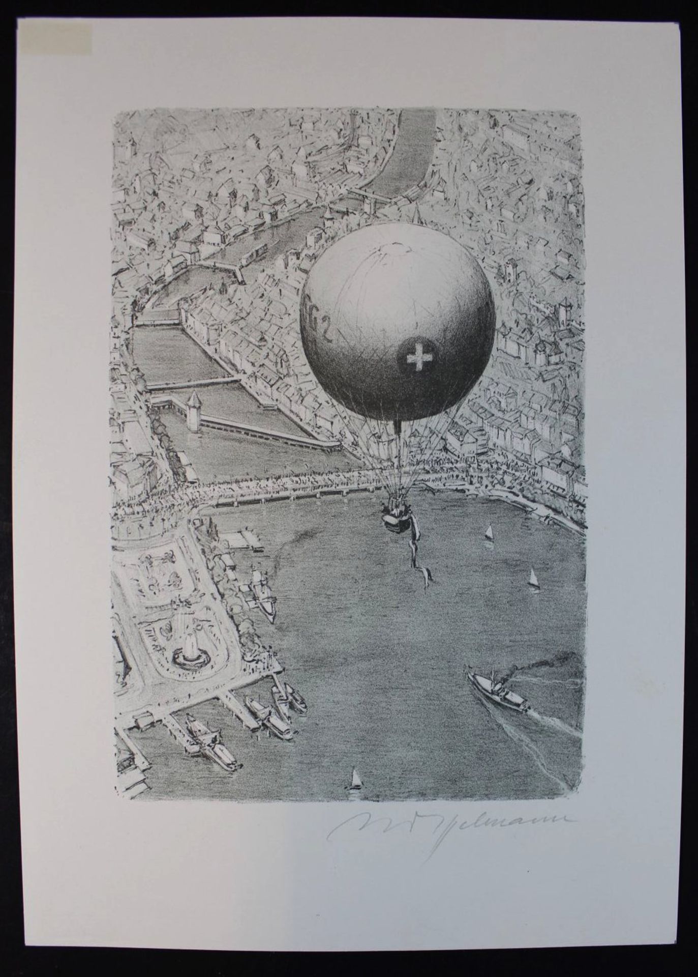 H.Dillmann? oder ähnlich 3x diverse "Ballonfahrt über Städte" wohl Schweiz, Lithografien, BG 32x25 - Bild 4 aus 5