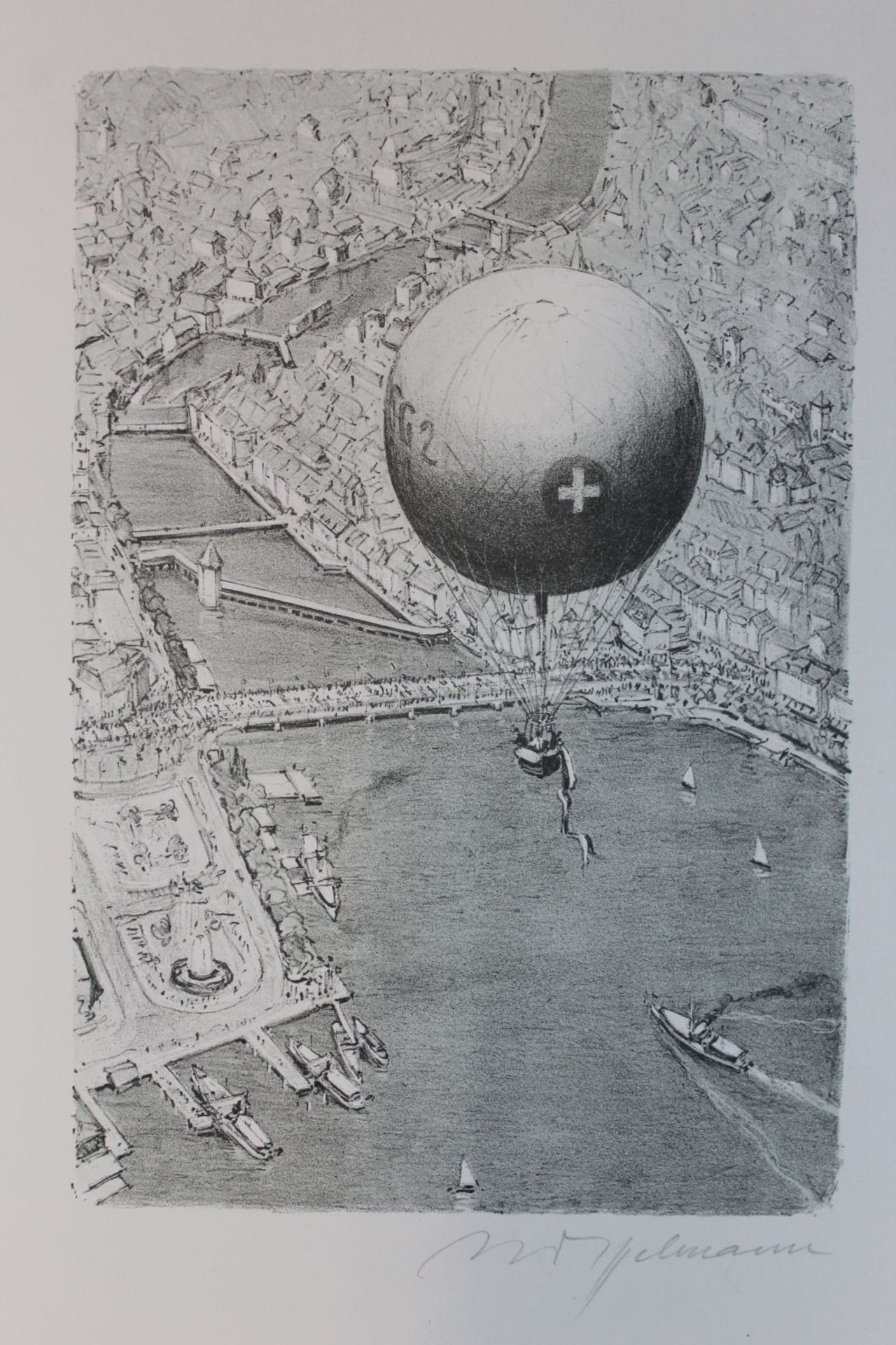 H.Dillmann? oder ähnlich 3x diverse "Ballonfahrt über Städte" wohl Schweiz, Lithografien, BG 32x25 - Bild 5 aus 5