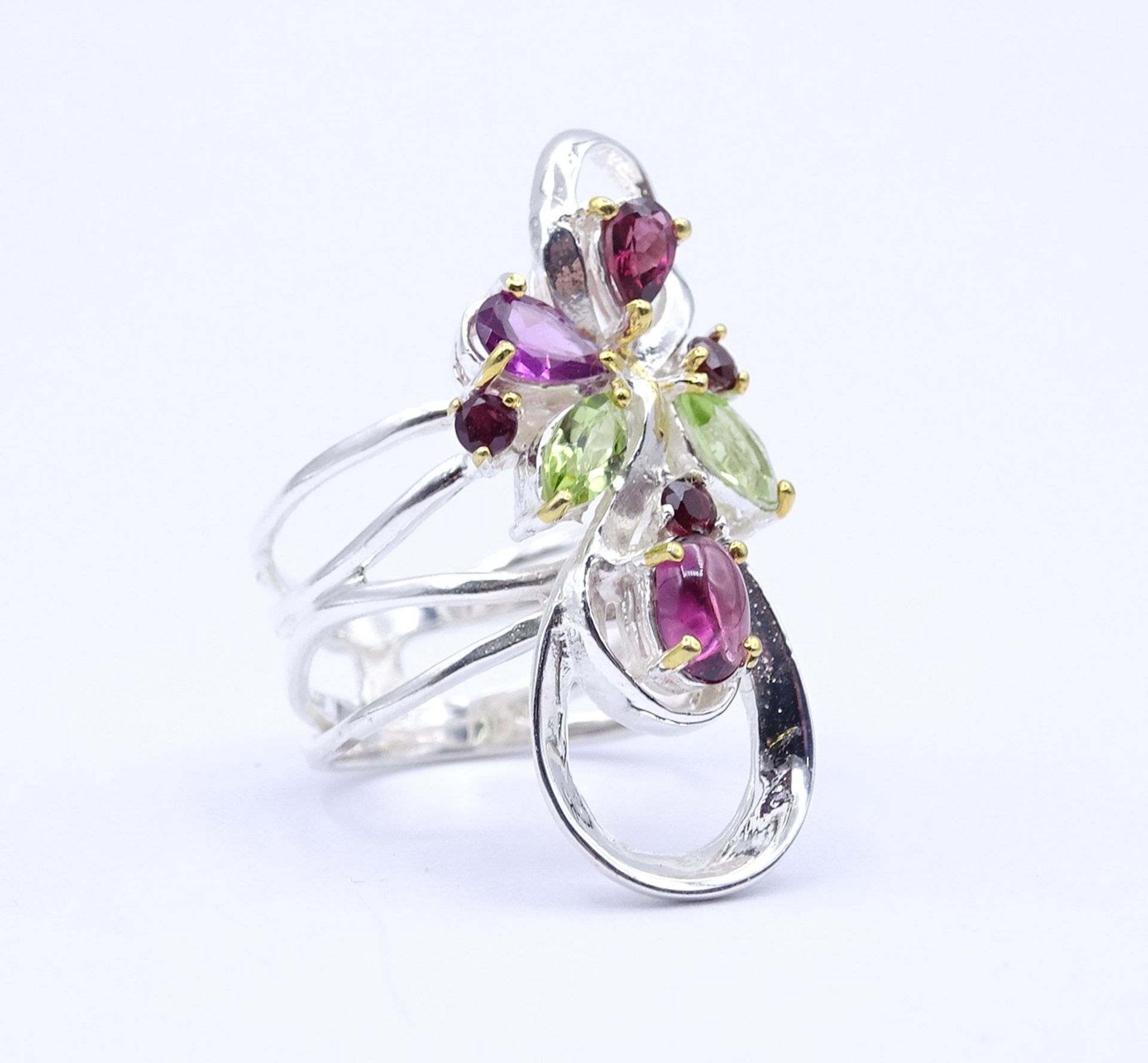 Edelstein Ring mit Peridots,Amethyste und Rhodolithe,Sterling Silber 0.925, 6,6g., RG 56, Kopf 3,2x - Bild 2 aus 4