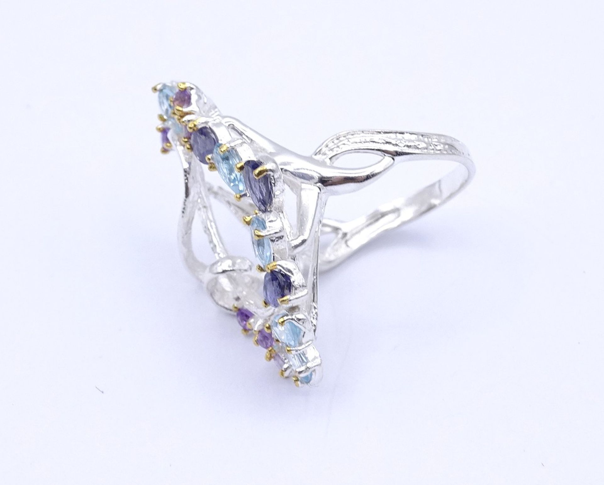 Edelstein Silber Ring 0.925 mit Topase,Amethyste und Iolite, 7,2g., RG 55, Kopf 3,4x2,1cm - Bild 3 aus 4