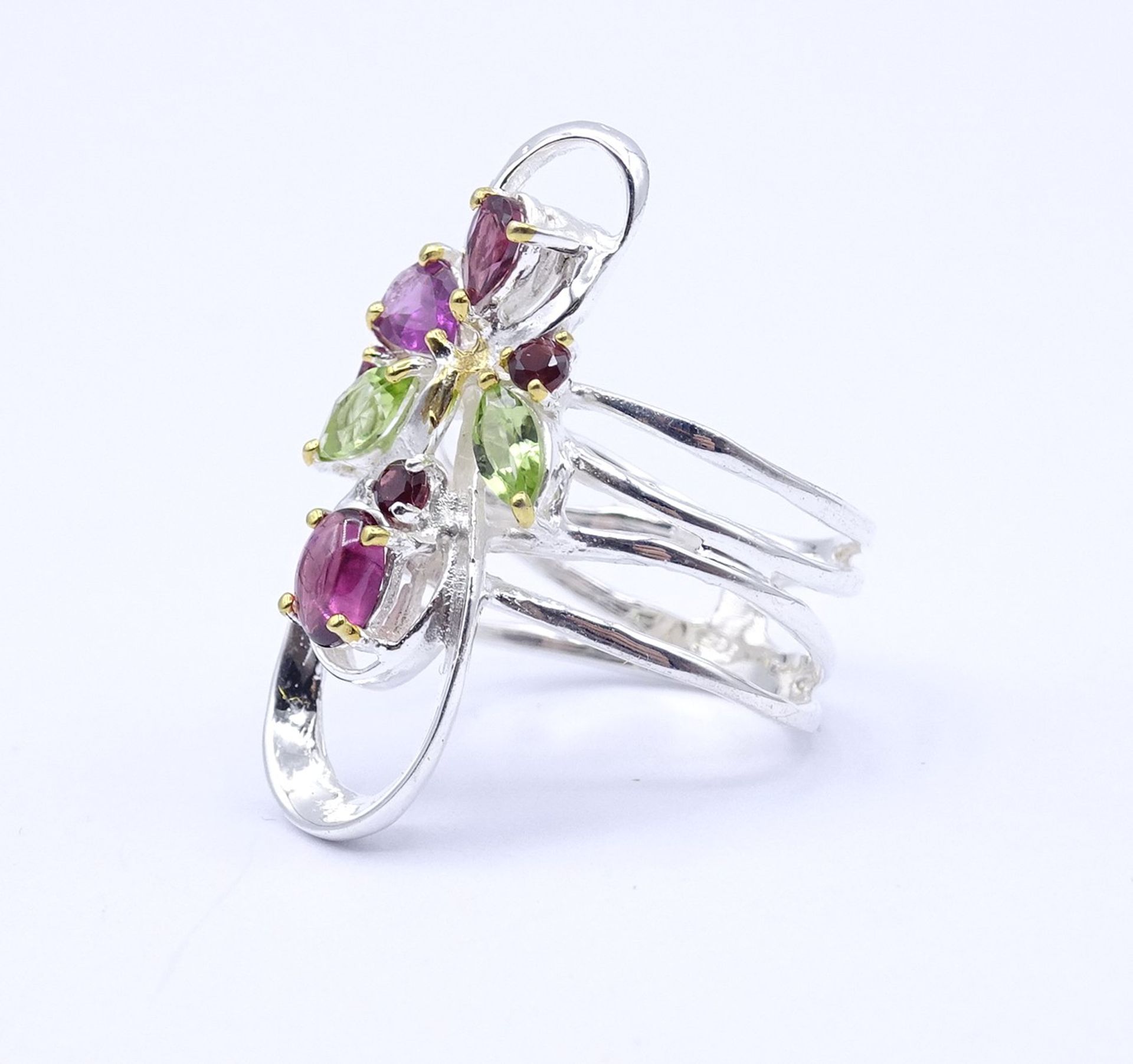 Edelstein Ring mit Peridots,Amethyste und Rhodolithe,Sterling Silber 0.925, 6,6g., RG 56, Kopf 3,2x - Bild 3 aus 4