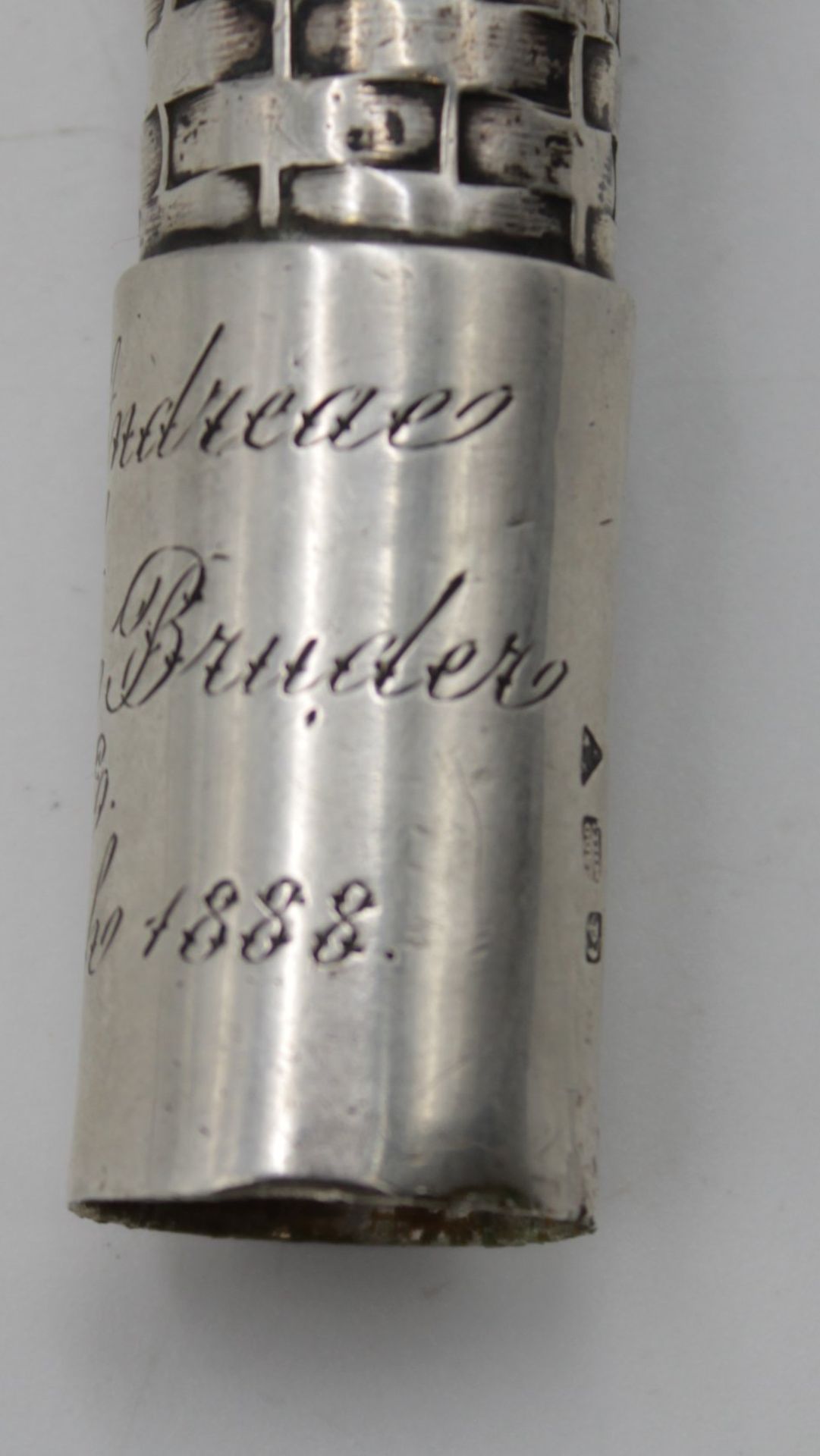 schöner 800er Gehstock-Griff, div. Punzen, Gravur "Brami Andreas S/L Dudendorfer Bruder... 1888", 9 - Bild 3 aus 7